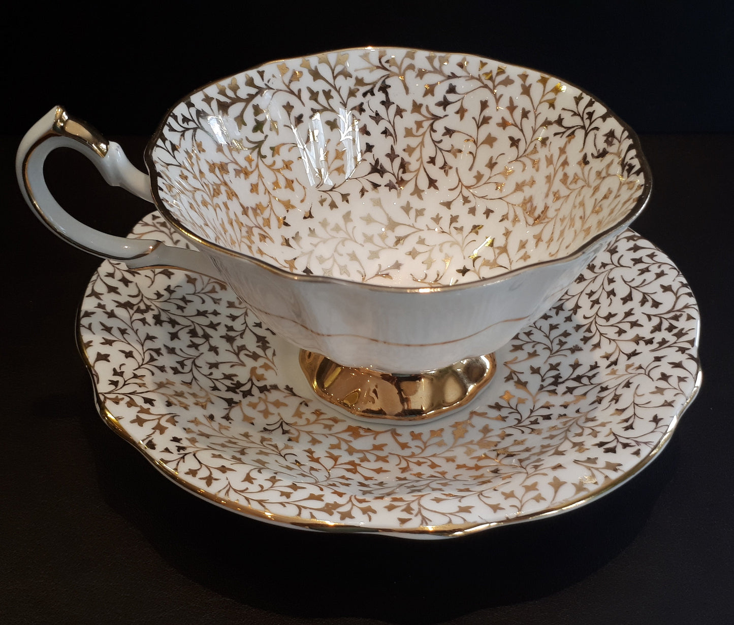 Vintage Queen Anne Gold leaves Wedding Anniversary teacup and saucer pattern 332