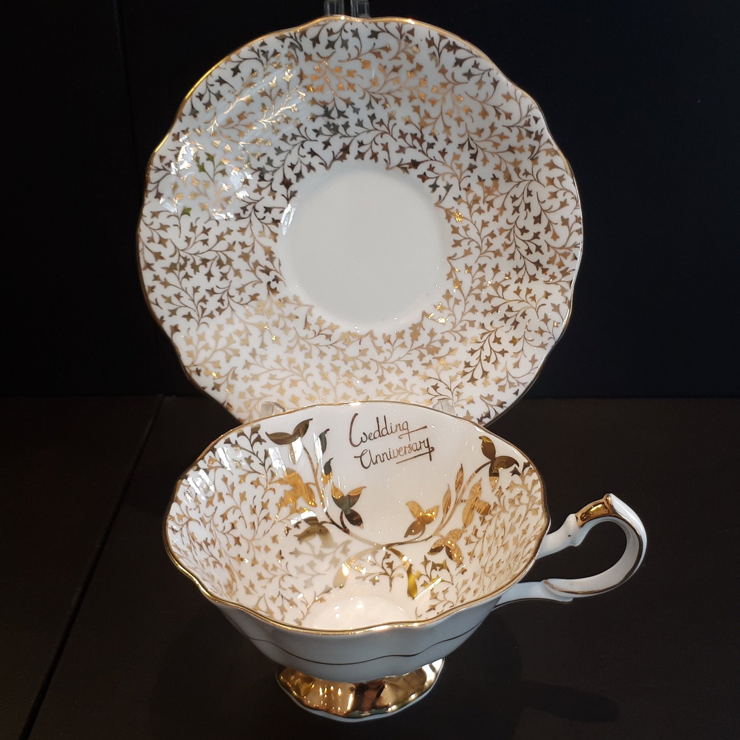 Vintage Queen Anne Gold leaves Wedding Anniversary teacup and saucer pattern 332