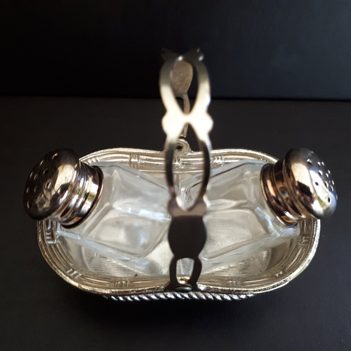 3 Piece Vintage Salt & Pepper shakers in Zinc Basket from Japan