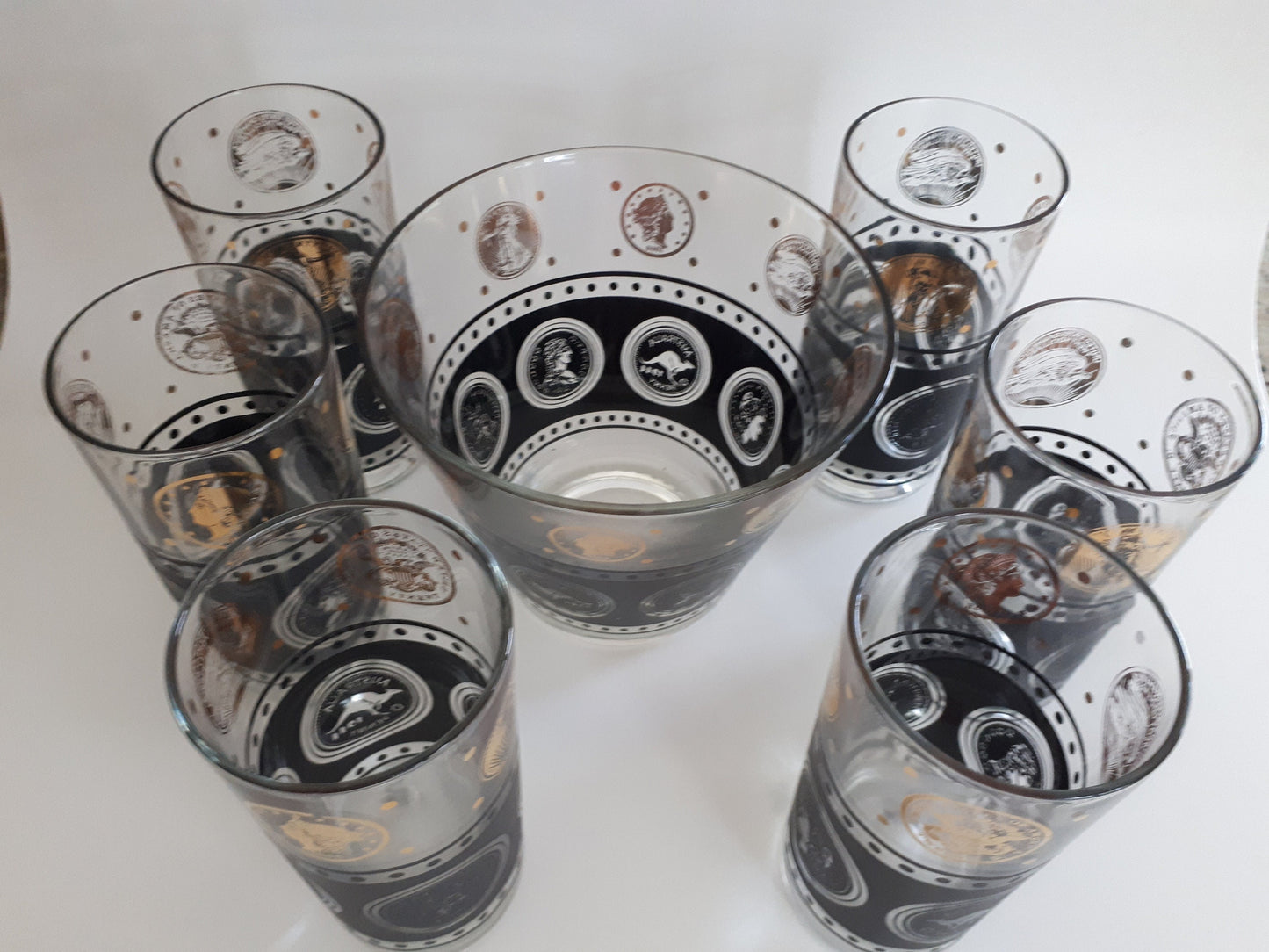 MCM 6 Vintage Libbey Black Textured Gold Coin Design High Ball Glasses & Ice Bucket