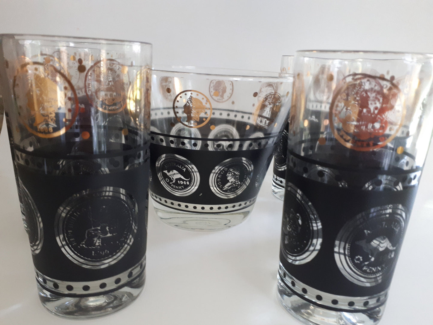 MCM 6 Vintage Libbey Black Textured Gold Coin Design High Ball Glasses & Ice Bucket