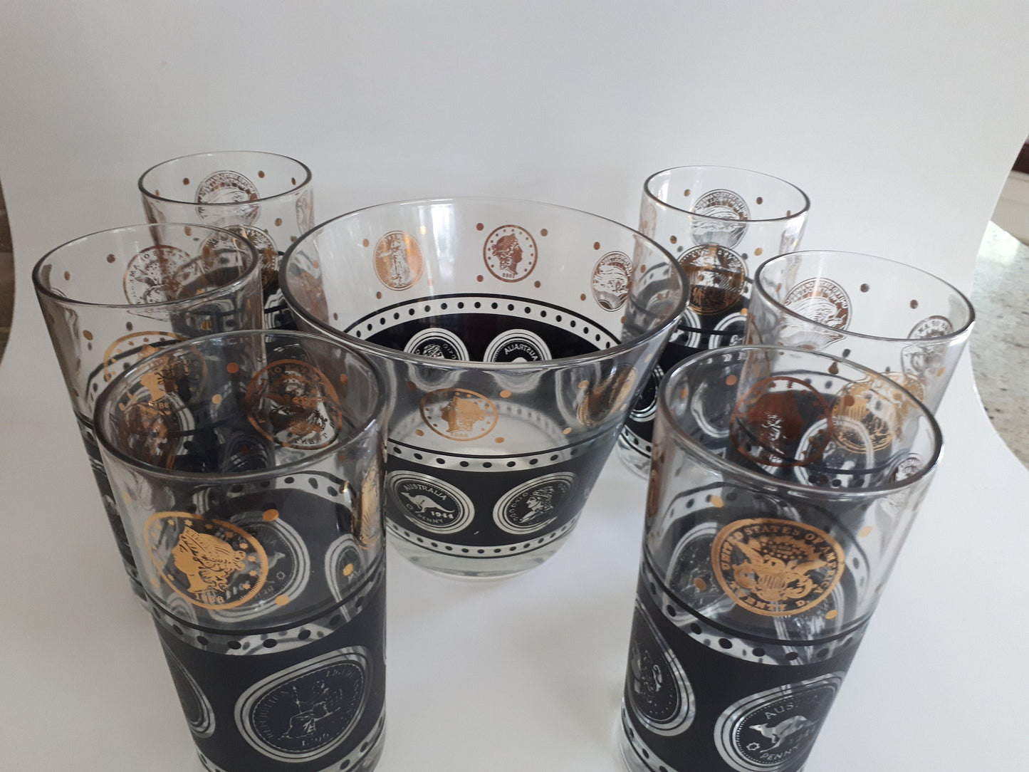 MCM 6 Vintage Libbey Black Textured Gold Coin Design High Ball Glasses & Ice Bucket