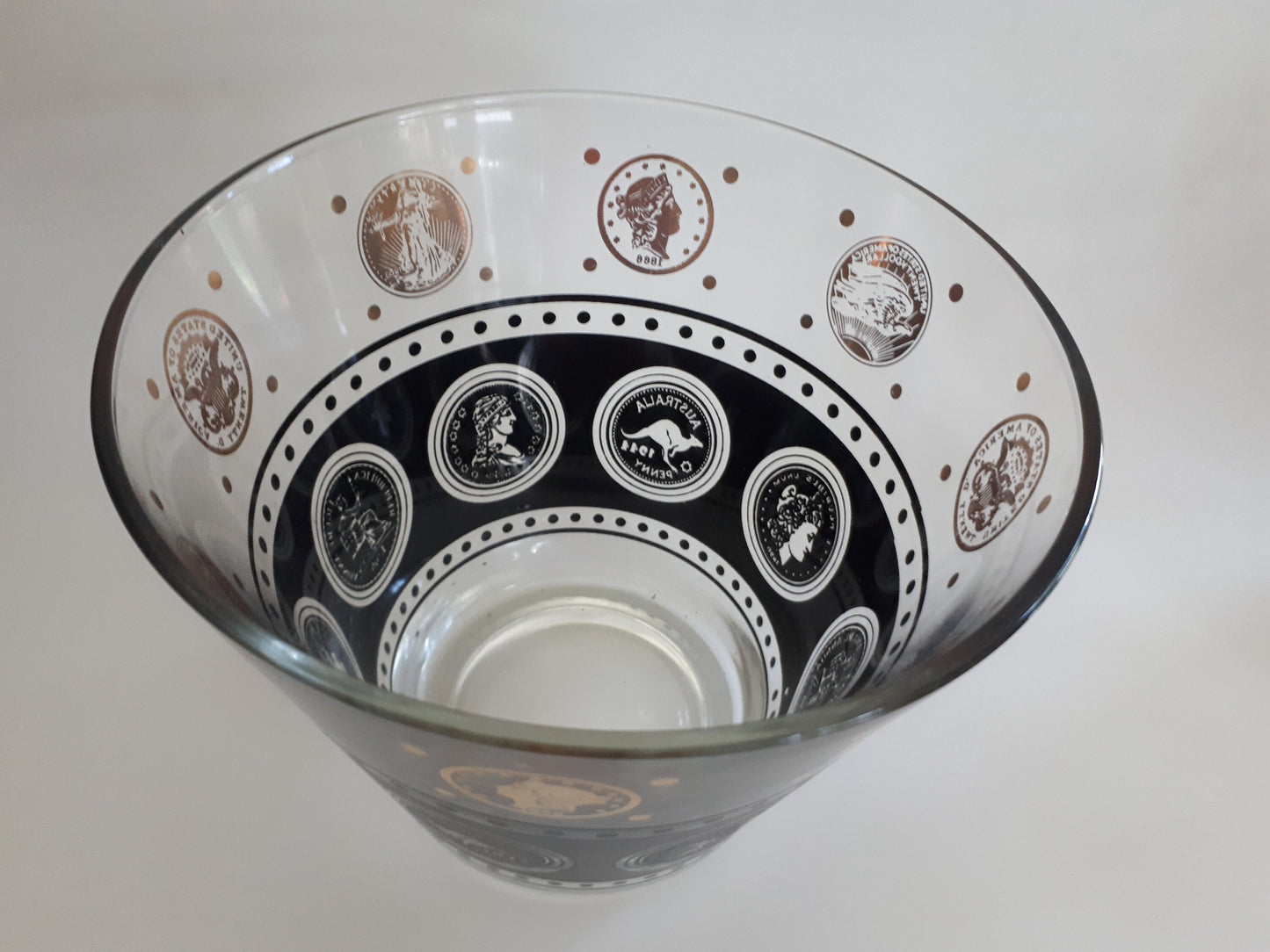 MCM 6 Vintage Libbey Black Textured Gold Coin Design High Ball Glasses & Ice Bucket
