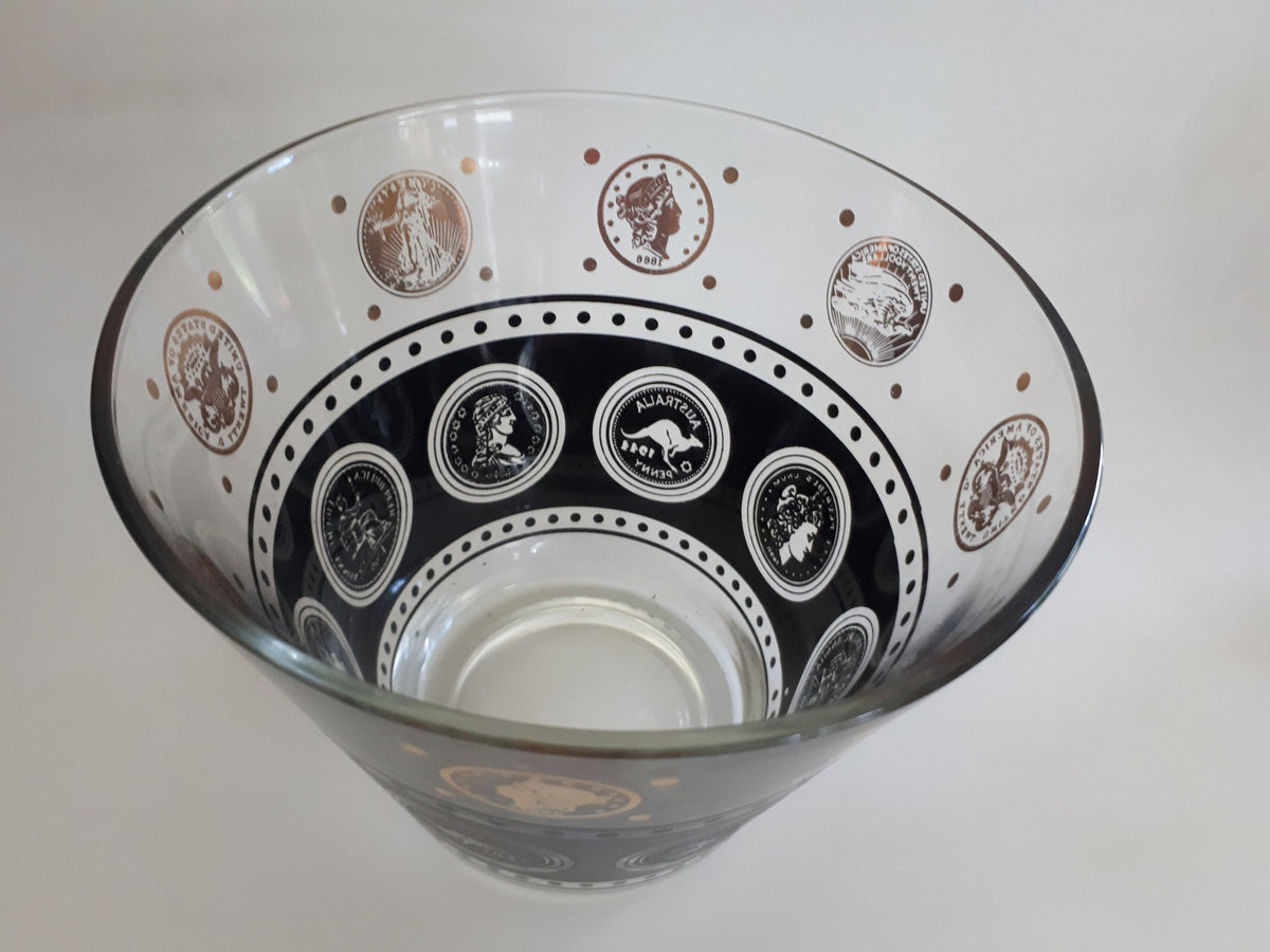 MCM 6 Vintage Libbey Black Textured Gold Coin Design High Ball Glasses & Ice Bucket