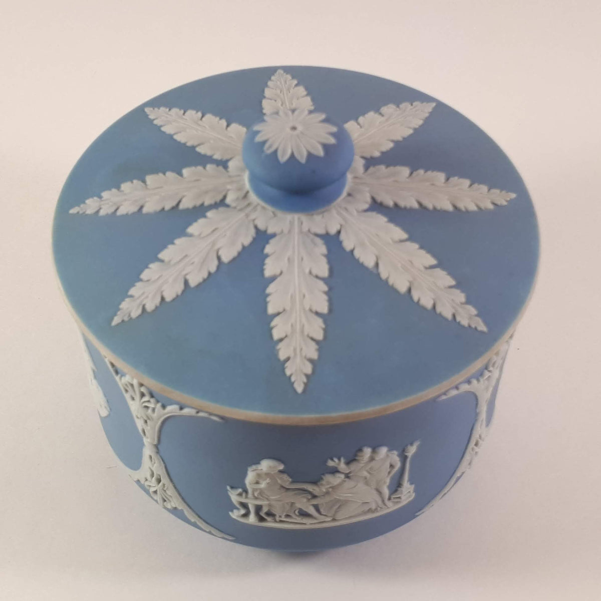 Antique Wedgwood Sky Blue Jasperware Tobacco Jar Tamper Sacrifice to Ceres