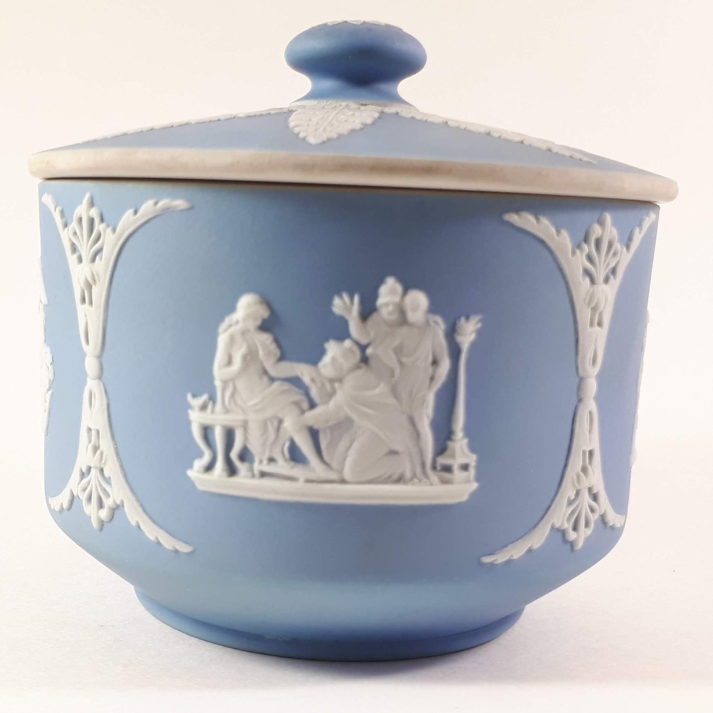 Antique Wedgwood Sky Blue Jasperware Tobacco Jar Tamper Sacrifice to Ceres