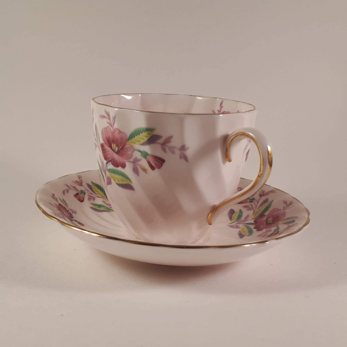 Vintage Tuscan Bone China Teacup and Saucer, Pink Floral Design