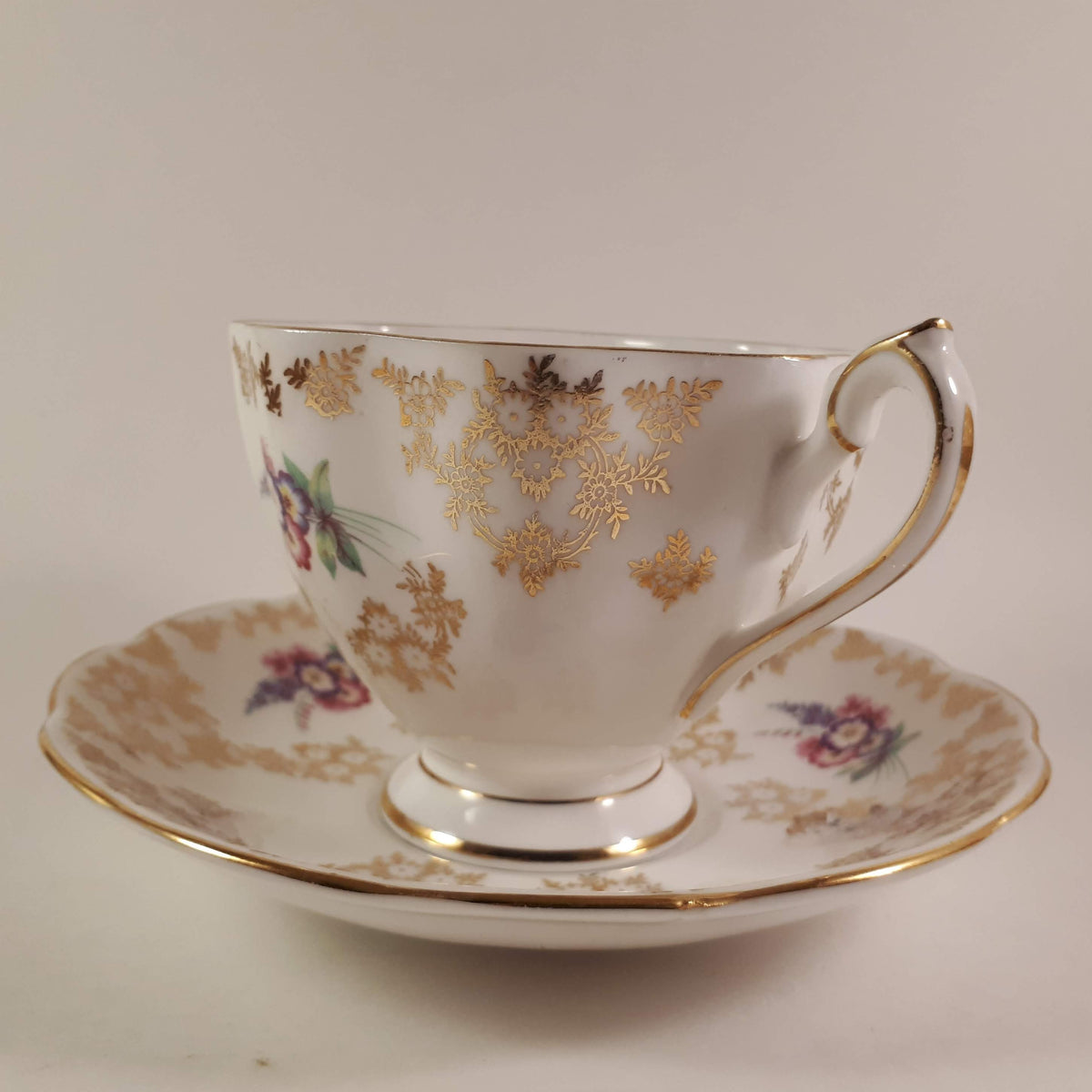 Vintage Queen Anne Bone China Teacup and Saucer (5883) Gold Flowers
