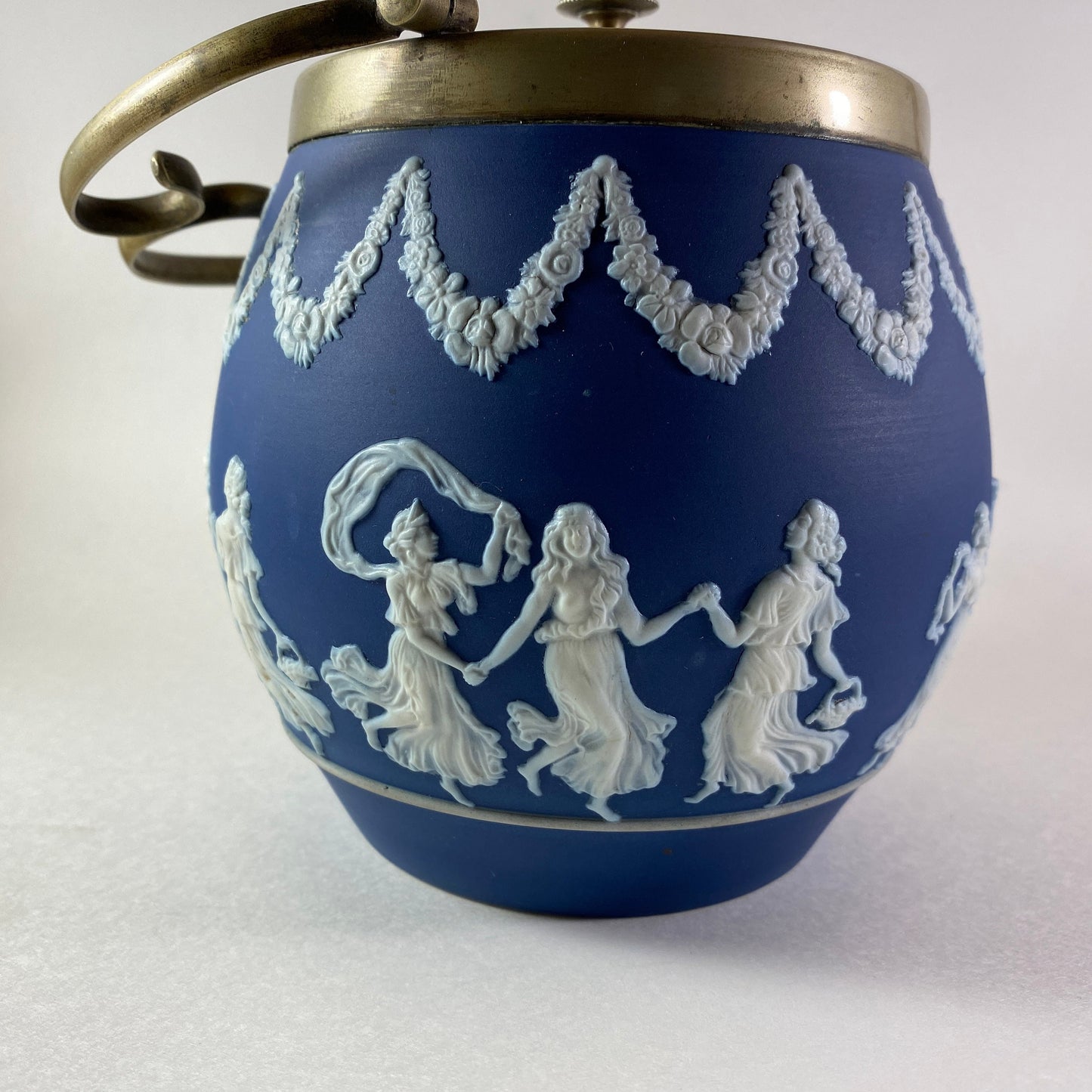 Antique Stunning wedgwood Cobalt Blue Jasperware Silver plated Biscuit barrel