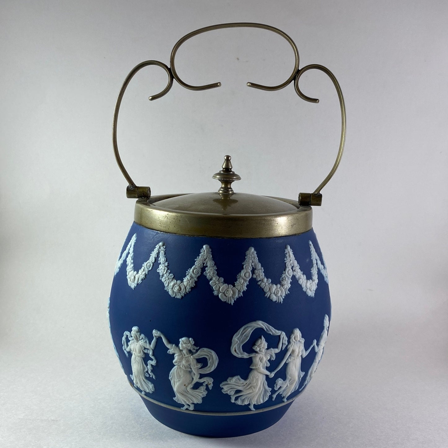 Antique Stunning wedgwood Cobalt Blue Jasperware Silver plated Biscuit barrel
