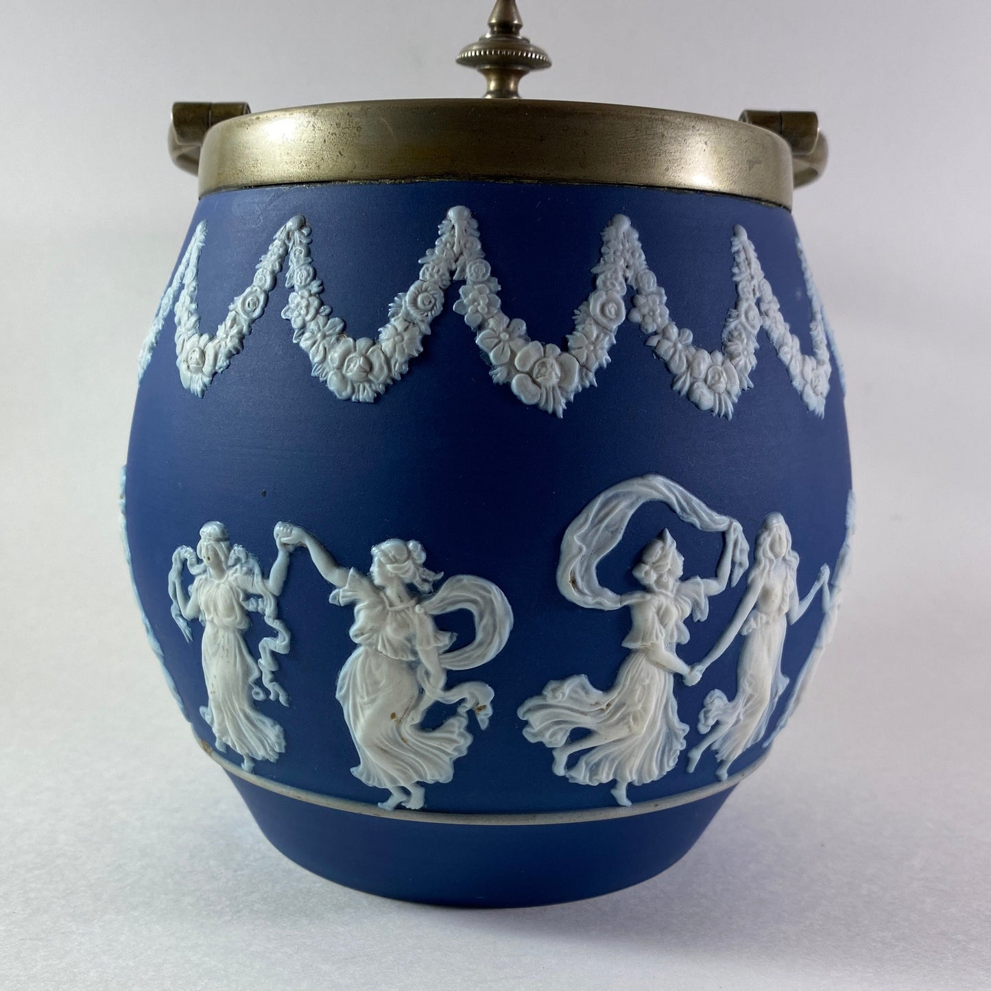 Antique Stunning wedgwood Cobalt Blue Jasperware Silver plated Biscuit barrel