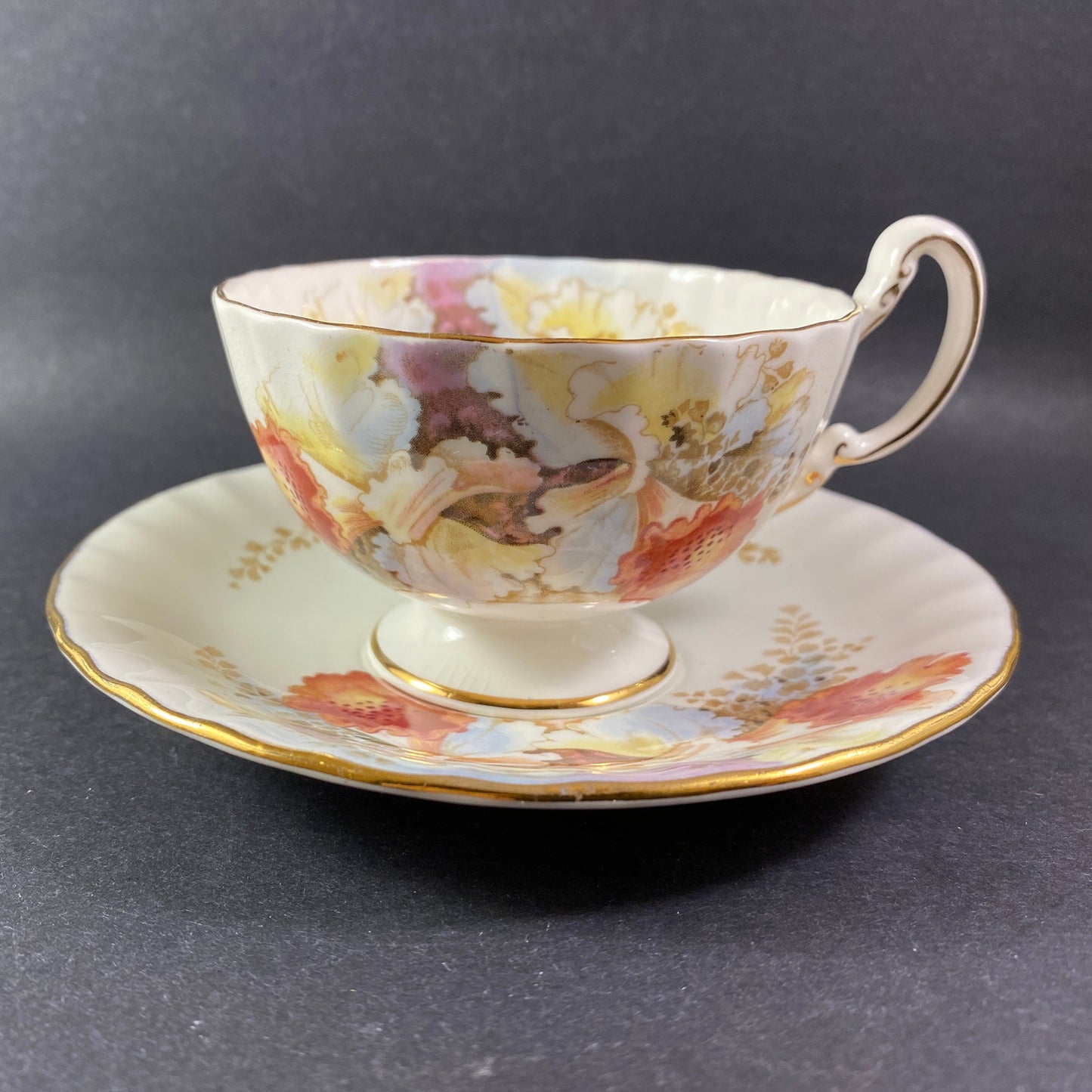 RARE !! Exotic Aynsley Bone china wide mouth yellow & brown floral # 2444