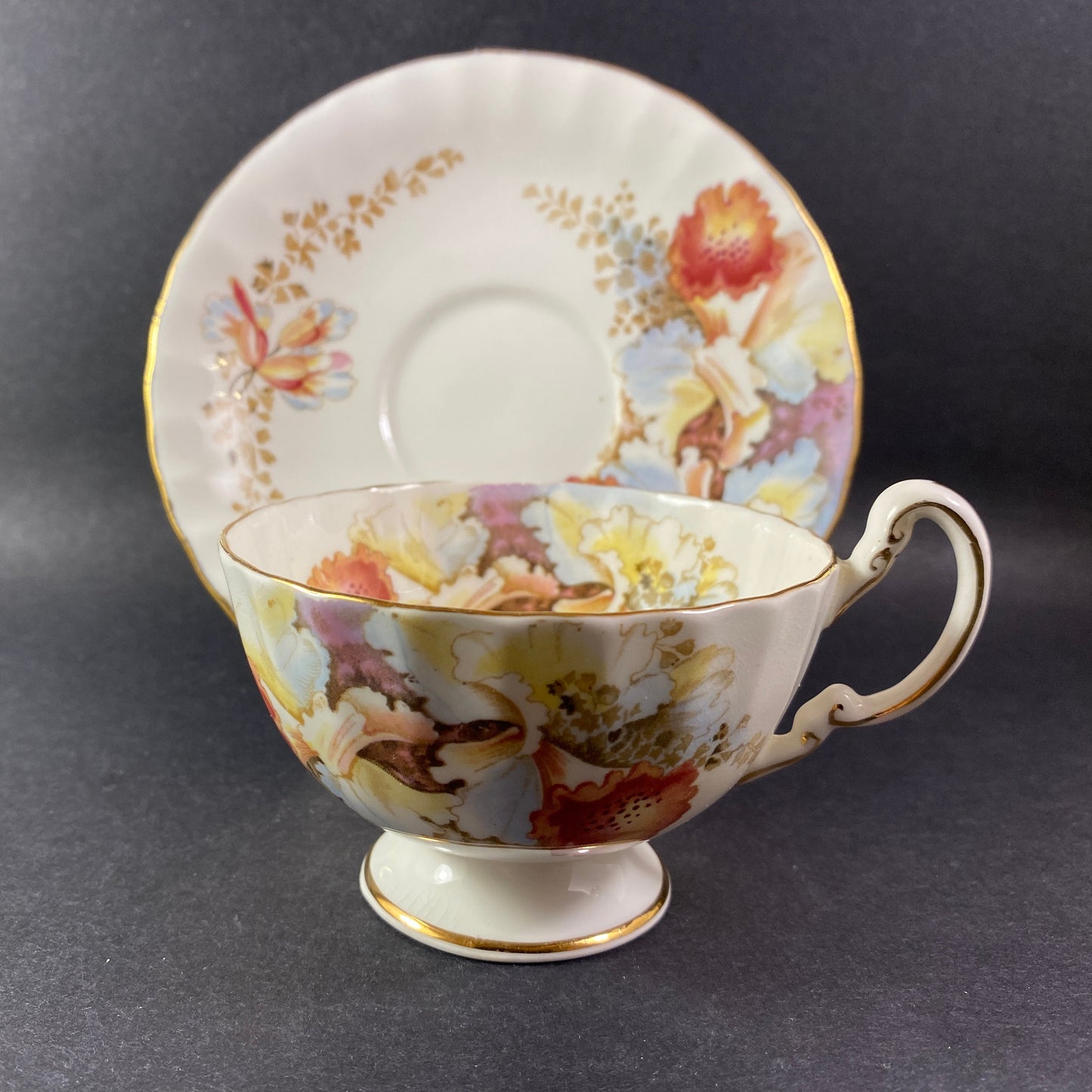 RARE !! Exotic Aynsley Bone china wide mouth yellow & brown floral # 2444