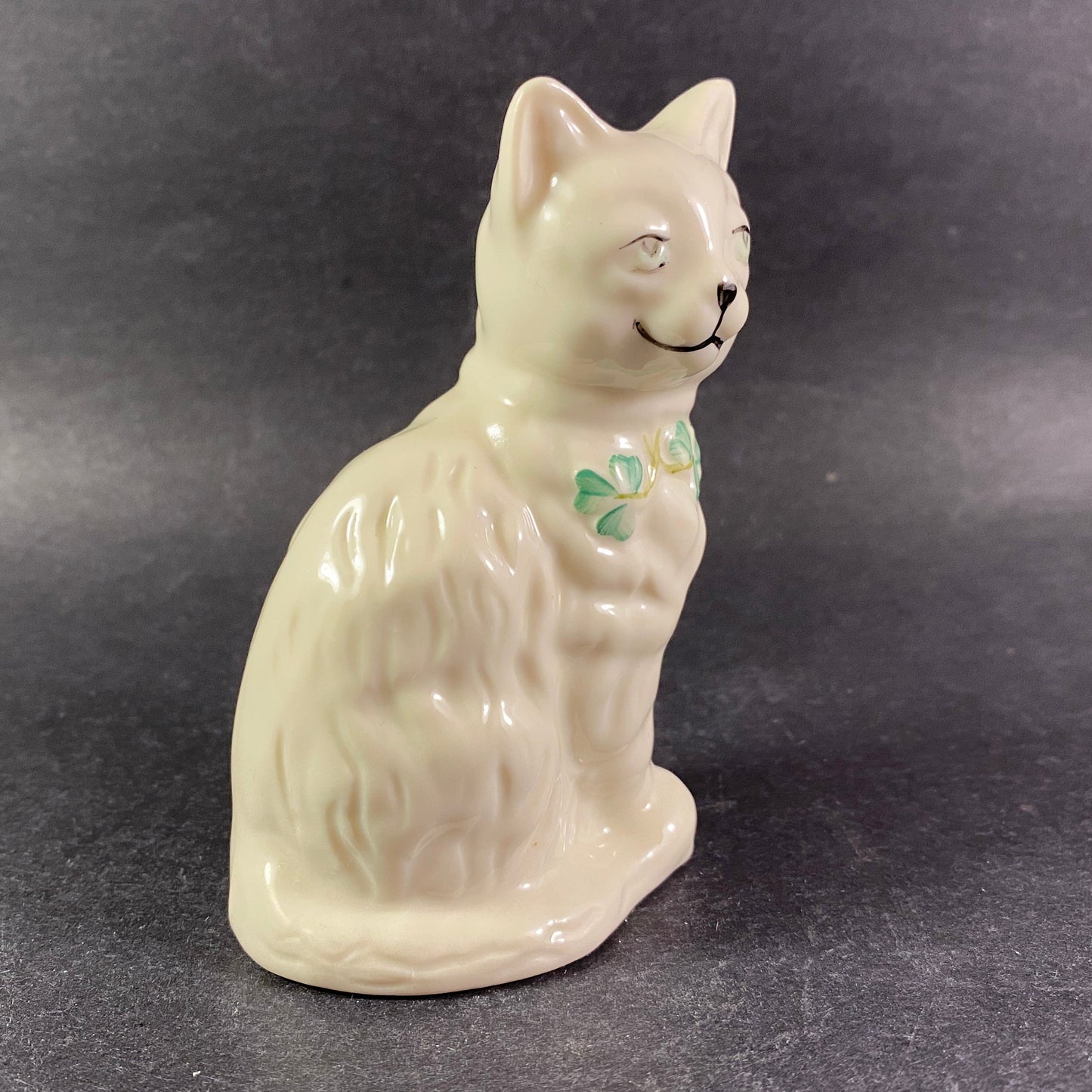 Belleek Fine Irish China Cat Figurine with Green Eyes 4" height