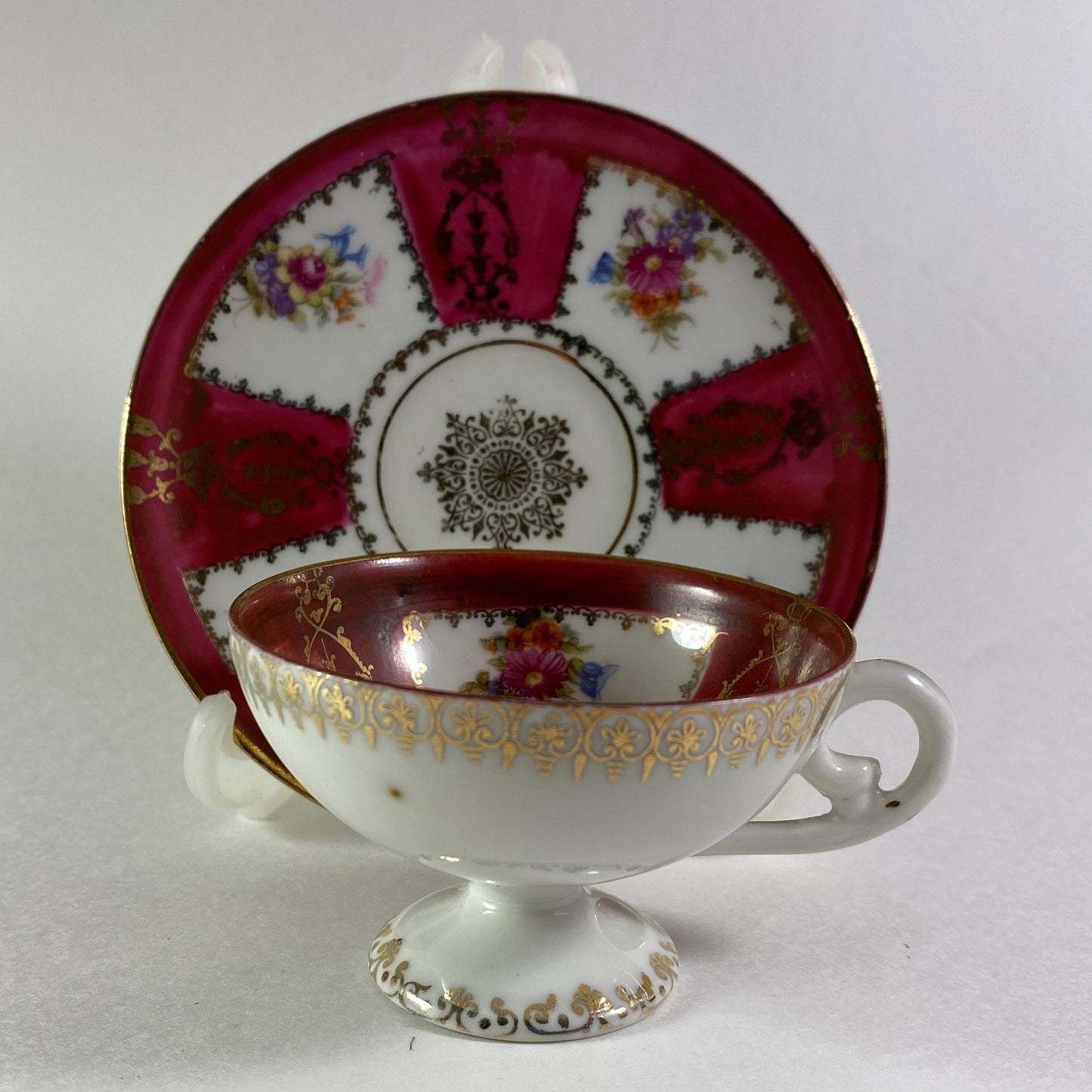 Antique Hand Painted Porcelain Demitasse small Cup Saucer gold & Enamel