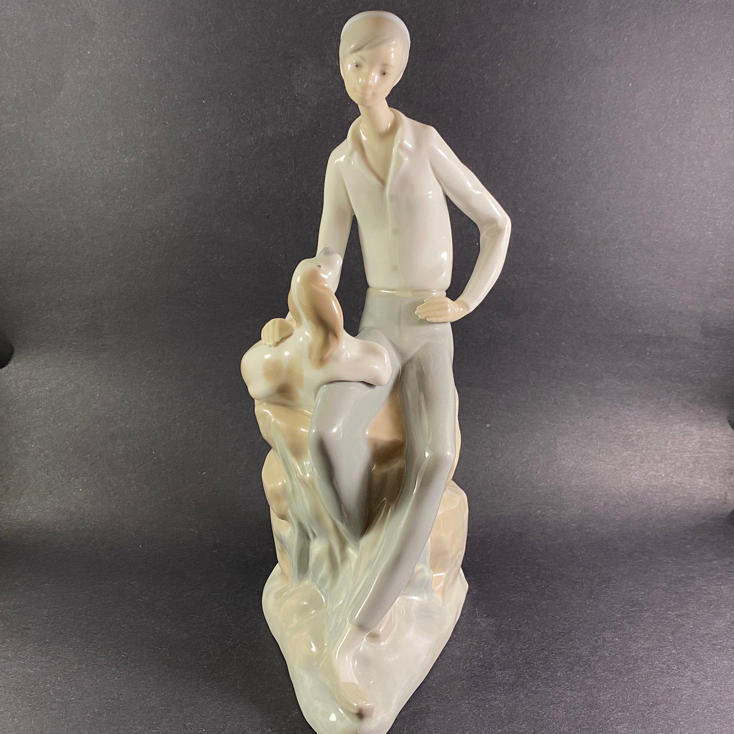 Lladro Nao Spain Shepherd with dog boy with Spaniel Dog large sculpture
