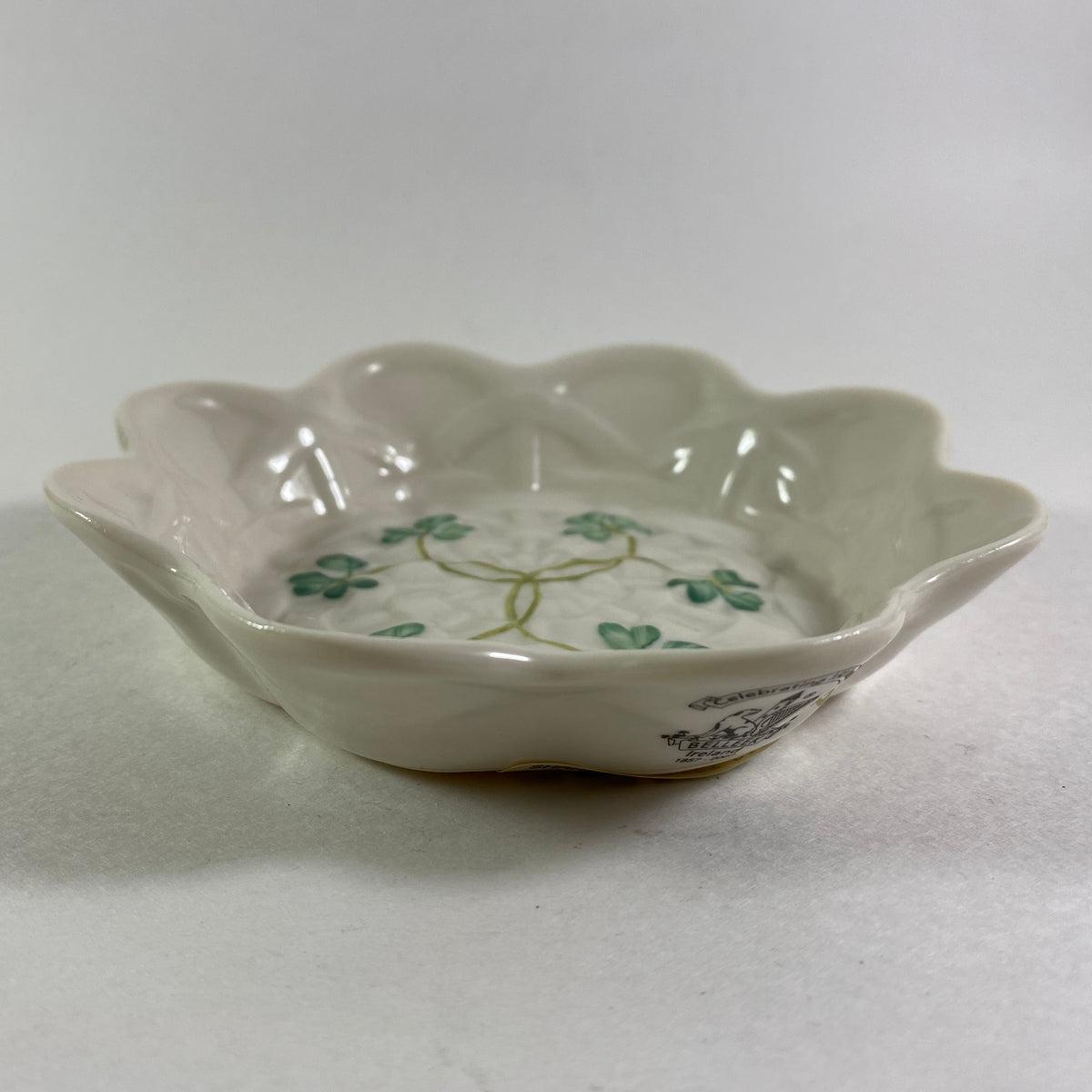 Vintage Belleek Ireland Shamrock Scalloped embossed candy sweet dish