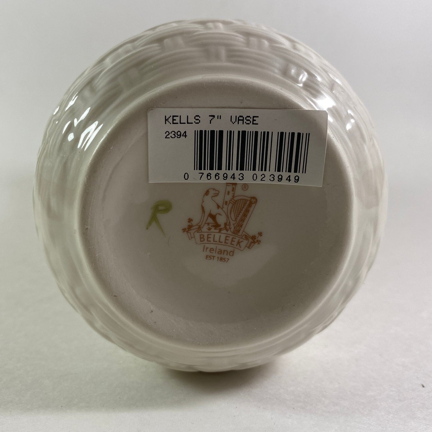 Belleek 7" Kells Vase Basket weave Shamrocks scalloped edge brown mark