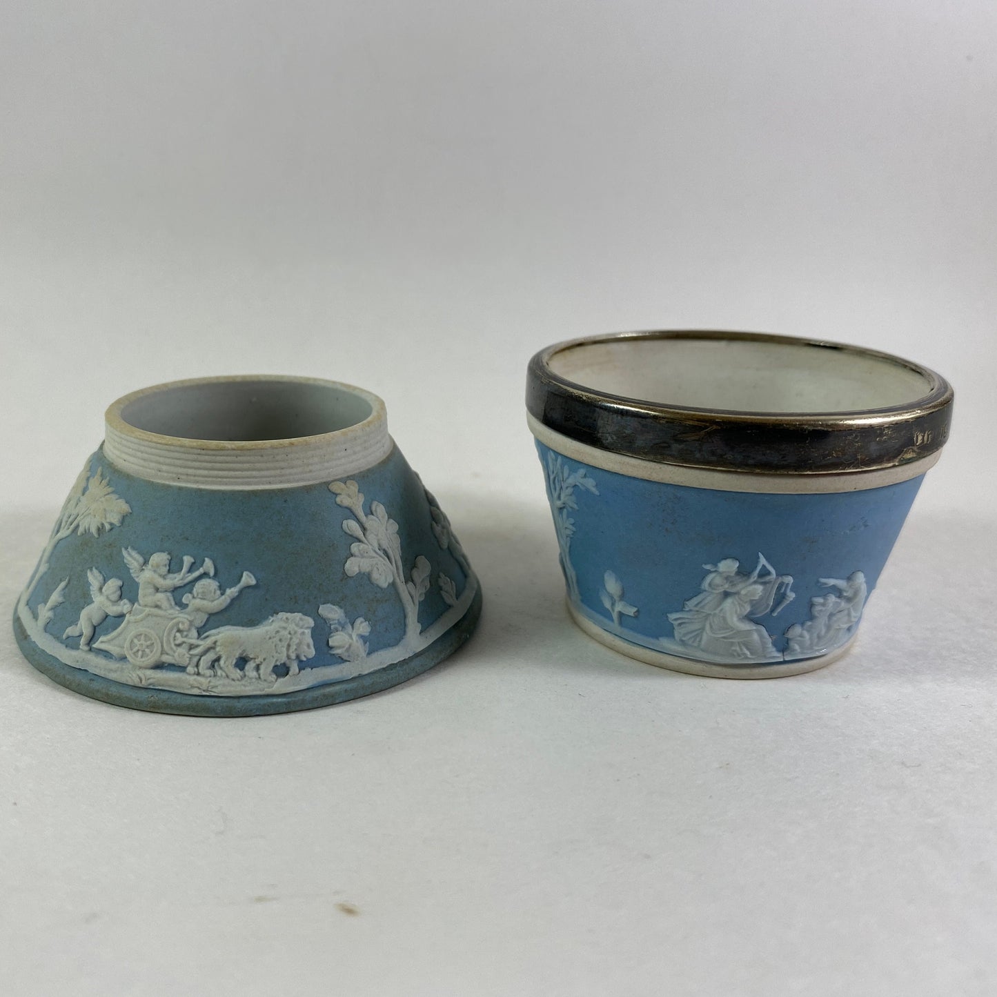 Antique Wedgwood Blue Jasperware set of 2 salt cellars salt pigs