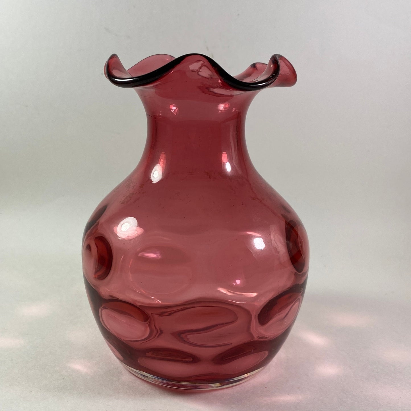 Vintage Cranberry dimpled ruffled edges round vase