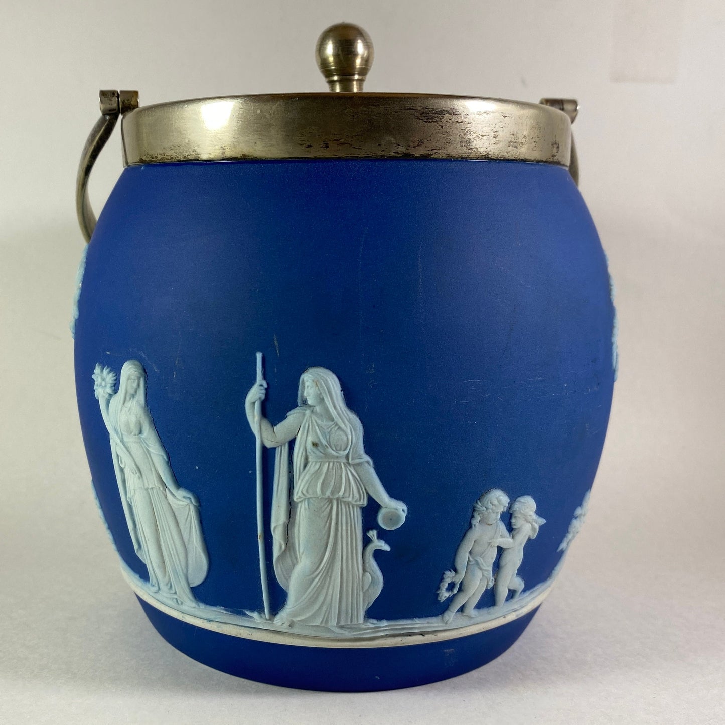 Antique Wedgwood Blue Jasperware Biscuit Barrel with silver lid