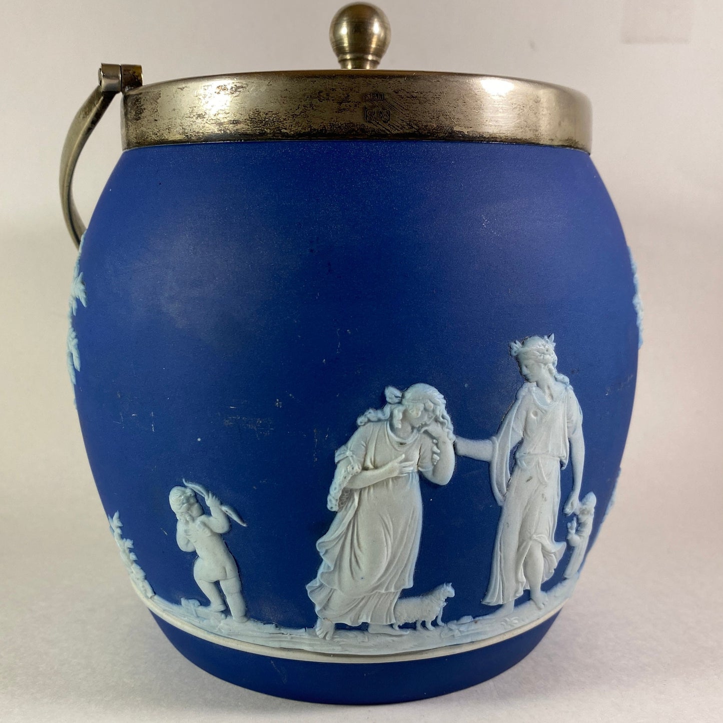 Antique Wedgwood Blue Jasperware Biscuit Barrel with silver lid