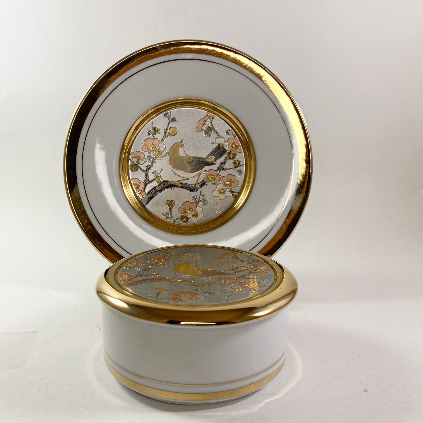 Set of Japanese Chokin bird Plate With 24k Gold Trim 7.75" and matching trinket