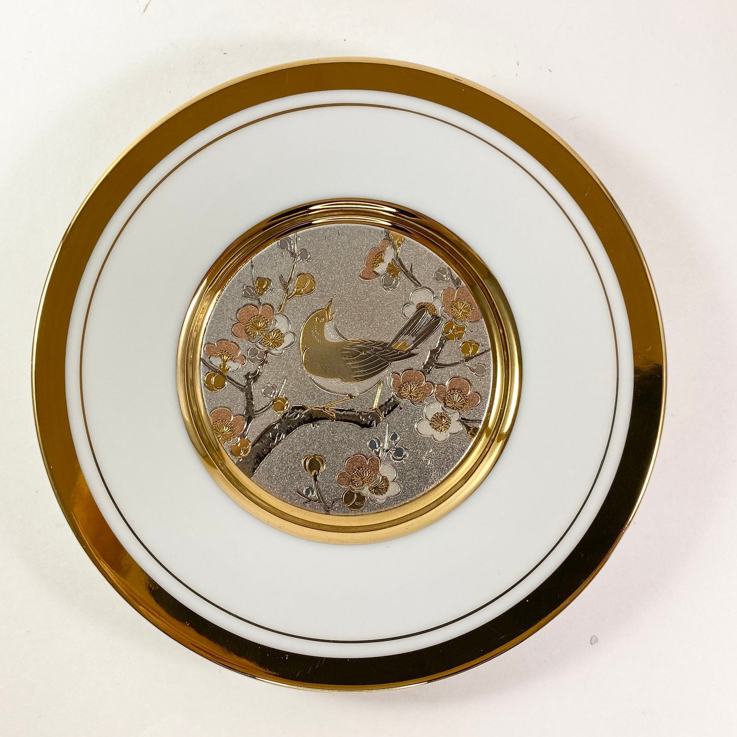 Set of Japanese Chokin bird Plate With 24k Gold Trim 7.75" and matching trinket