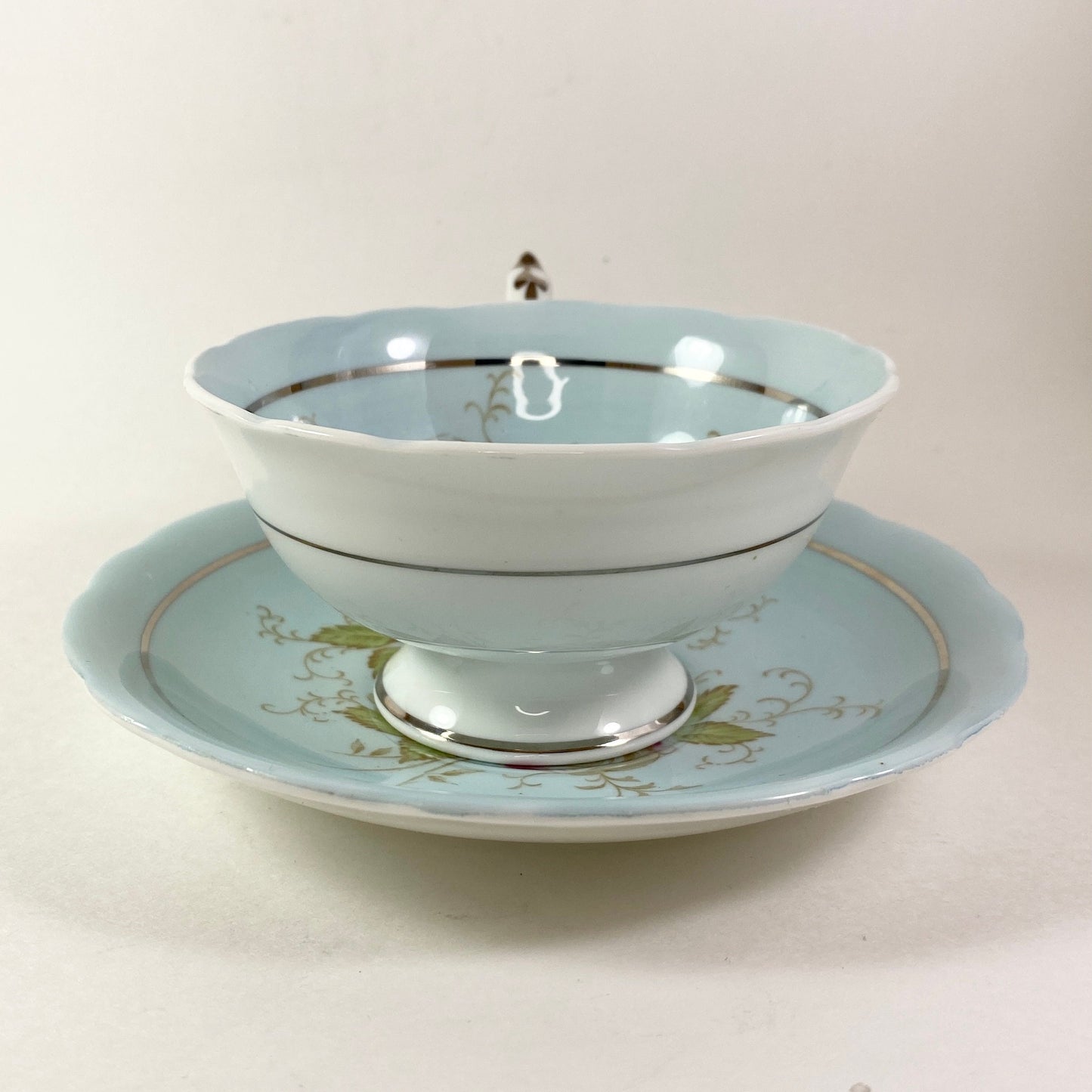 Vintage Gorgeous Paragon double warranted pale blue floral teacup and saucer