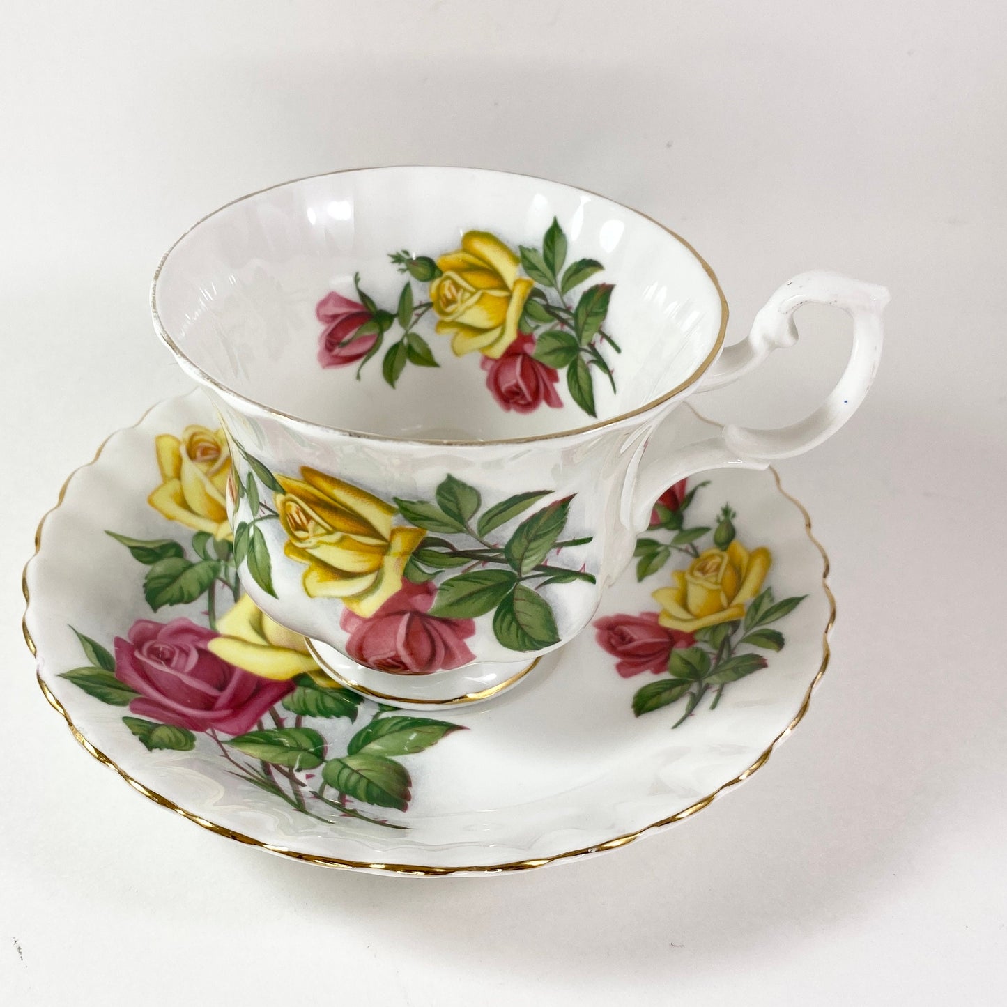 Royal Albert pretty cabbage Red and Yellow roses bone china teacup and saucer