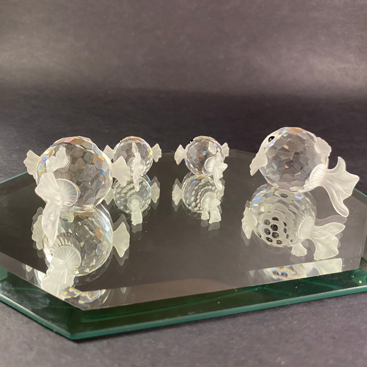 Set of 4 Swarovski Puffer fish family Austrian crystals with display mirror