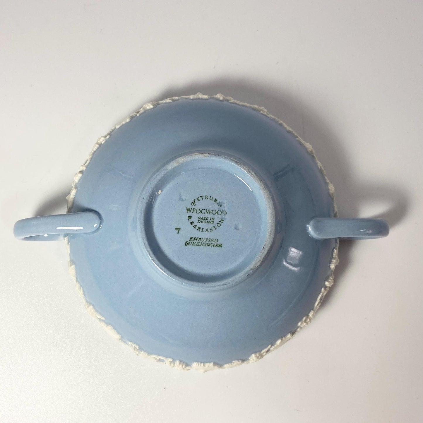 1950s Wedgwood Queens ware Cream Soup Bowls & Saucers Cream On Lavender Blue