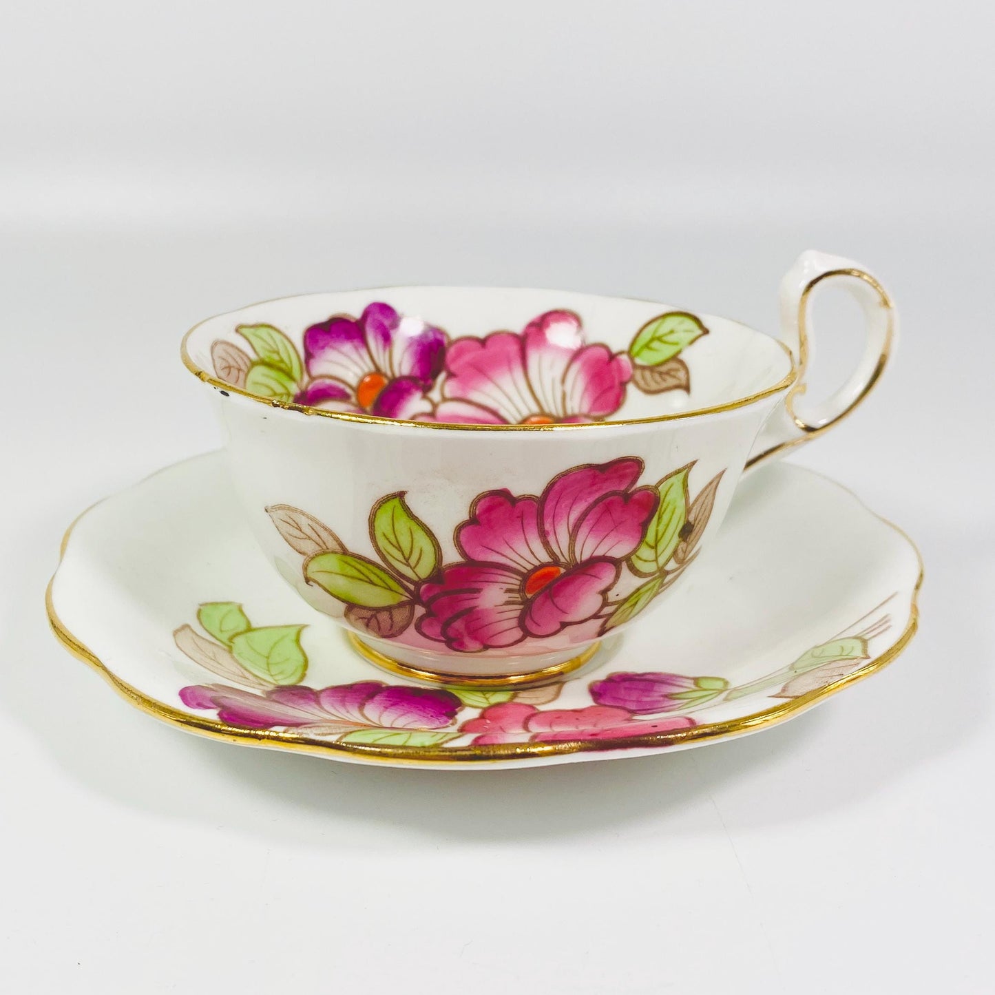 Stunning 1950s made in England Pink floral bone china teacup and saucer