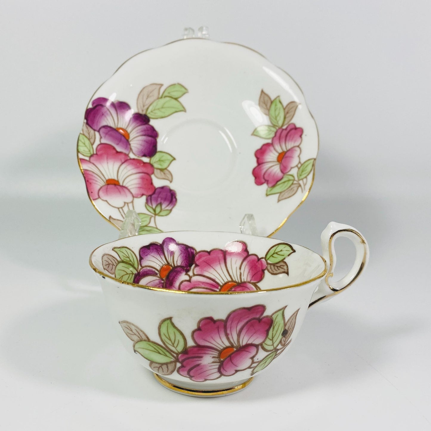 Stunning 1950s made in England Pink floral bone china teacup and saucer