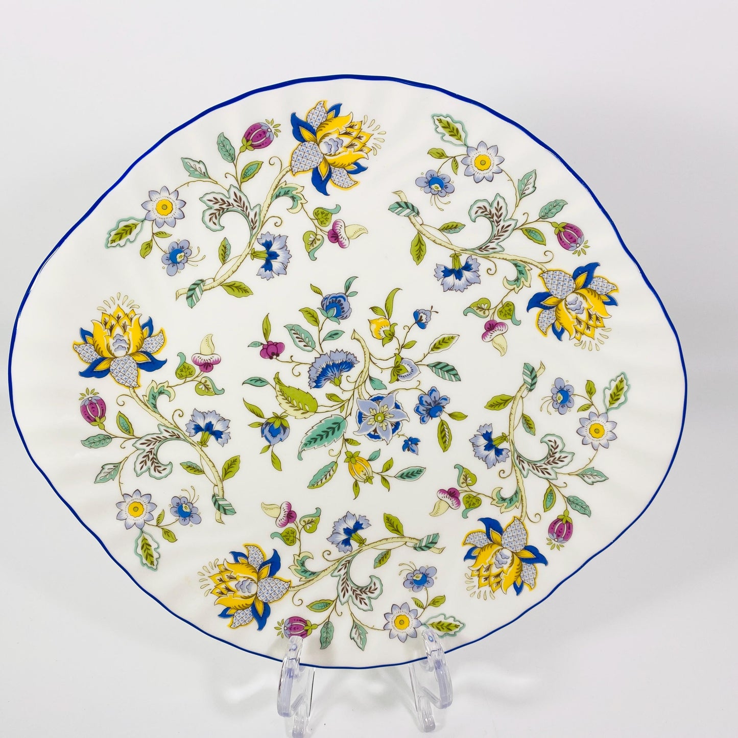 1993 Minton signed Haddon Hall Blue Cake Plate Bone China Made In England