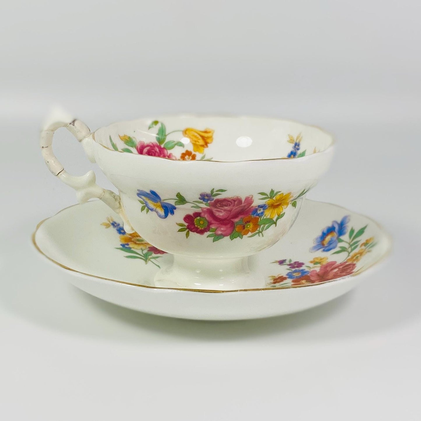 Hammersley tea cup & saucer pink rose floral teacup wide mouth England 1950s
