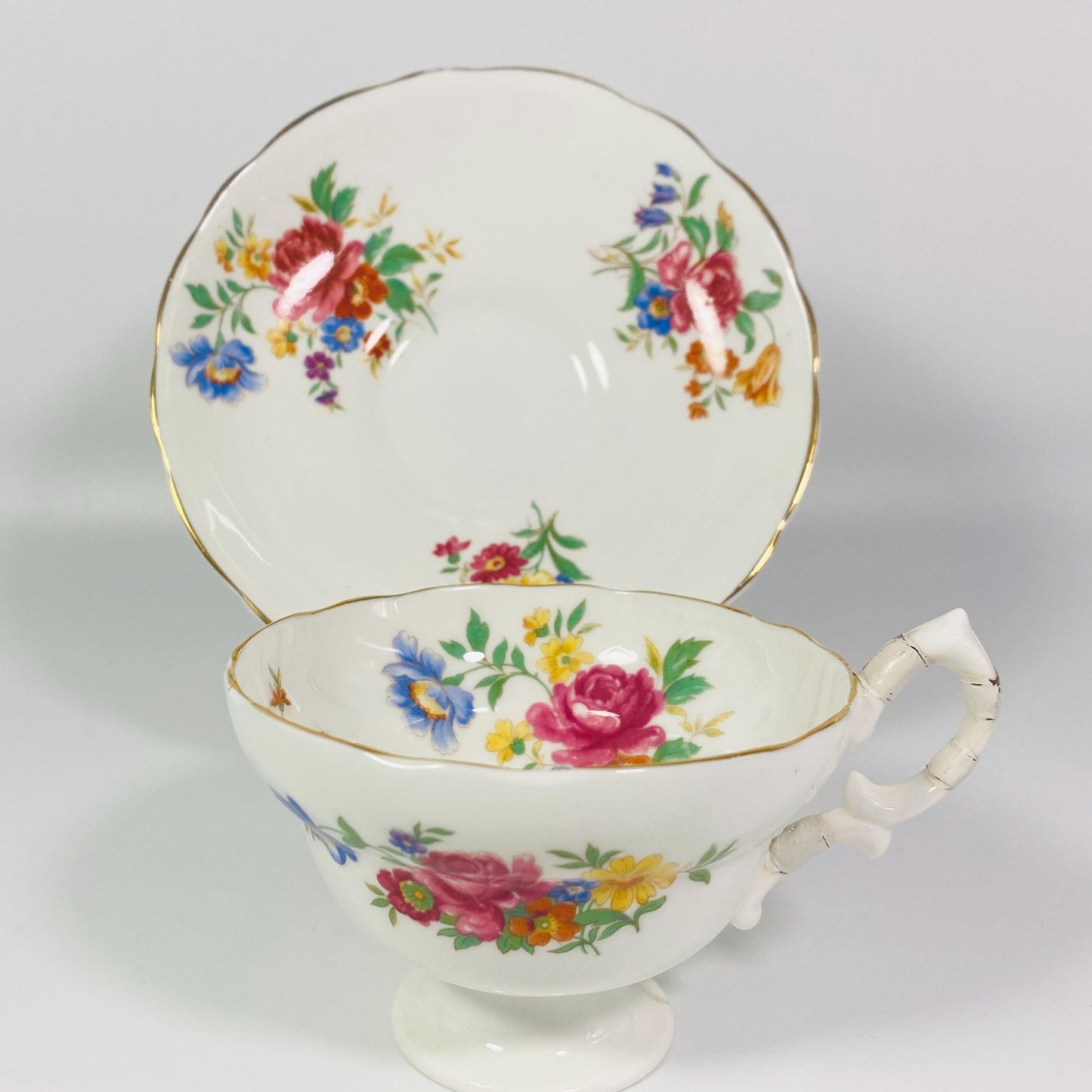 Hammersley tea cup & saucer pink rose floral teacup wide mouth England 1950s
