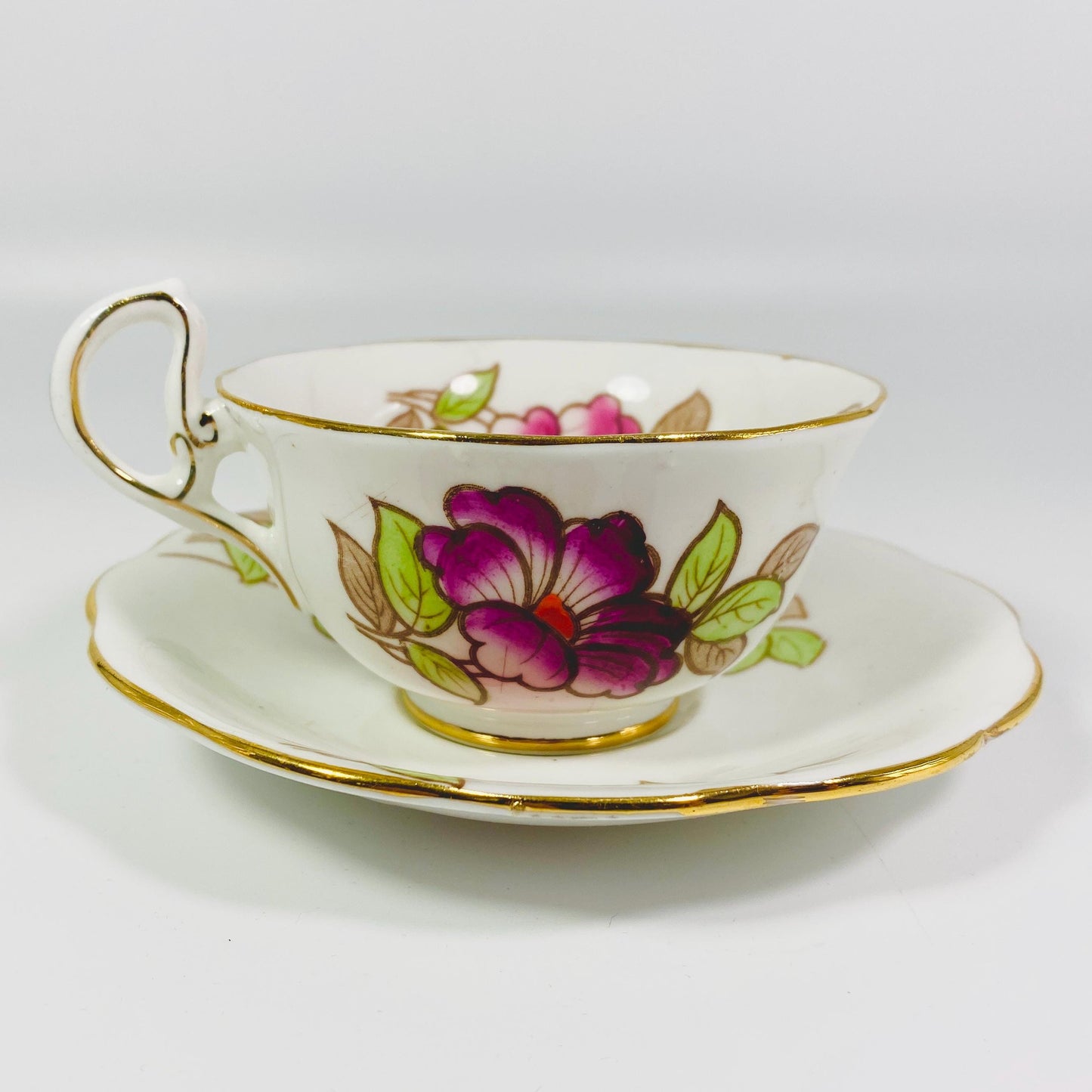 Stunning 1950s made in England Pink floral bone china teacup and saucer