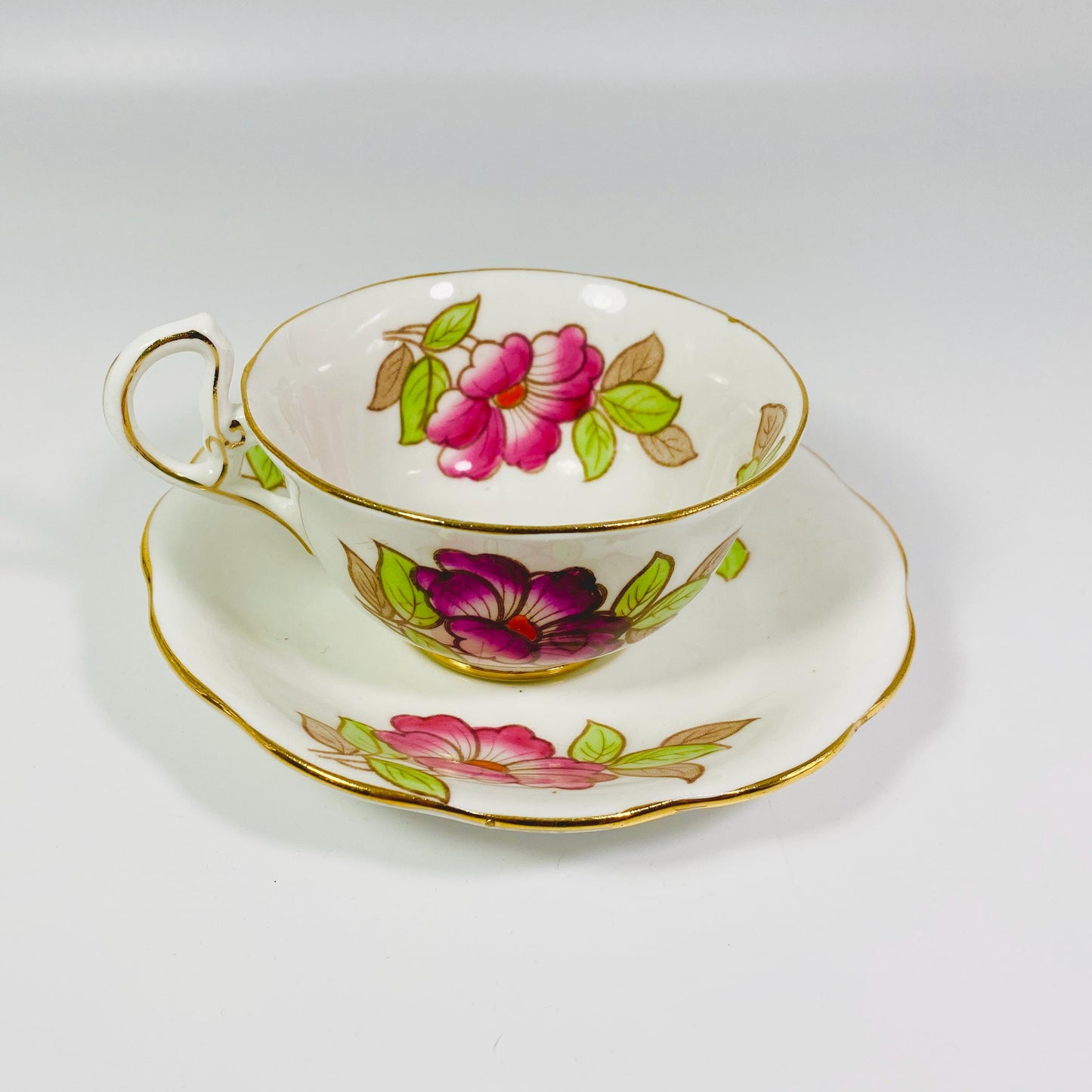 Stunning 1950s made in England Pink floral bone china teacup and saucer
