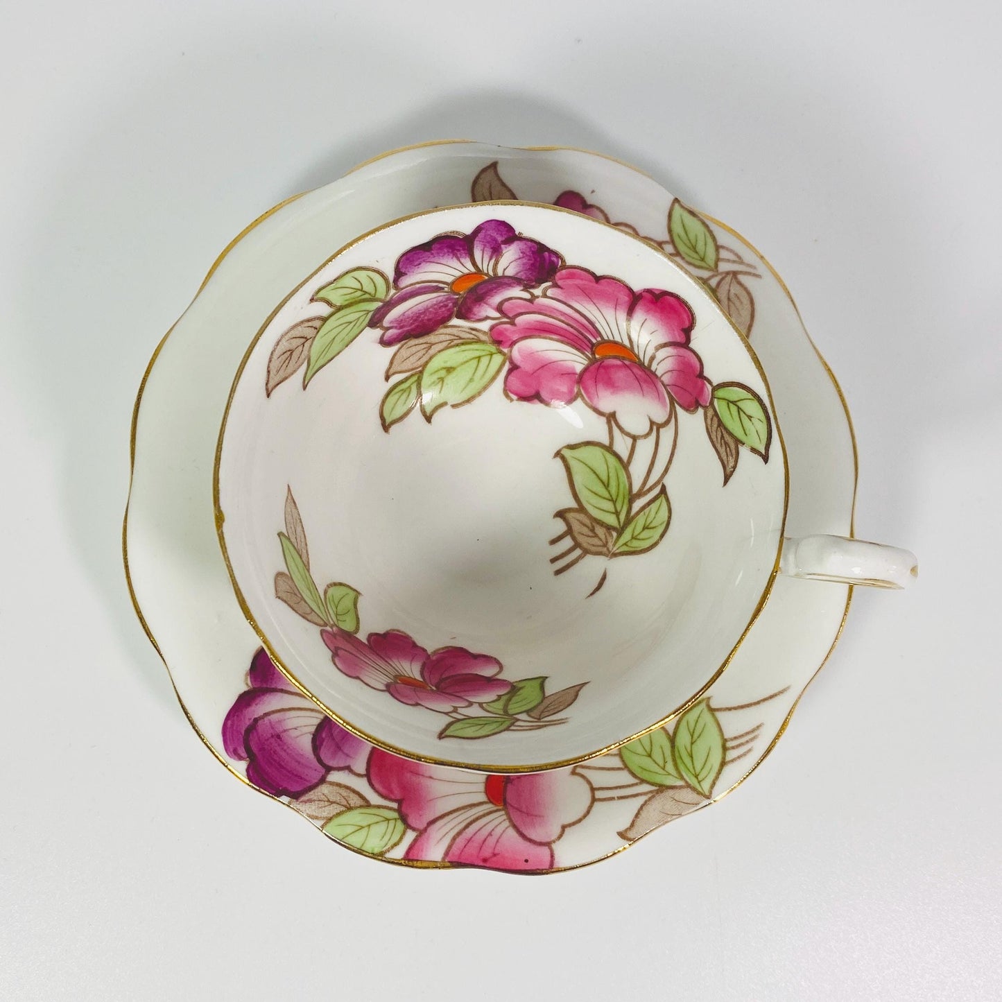 Stunning 1950s made in England Pink floral bone china teacup and saucer