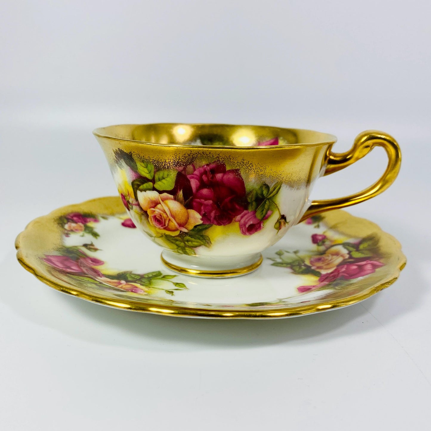 VTG Royal Chelsea Bone China Golden Rose Tea Cup Saucer Heavy Brushed Gold Trim