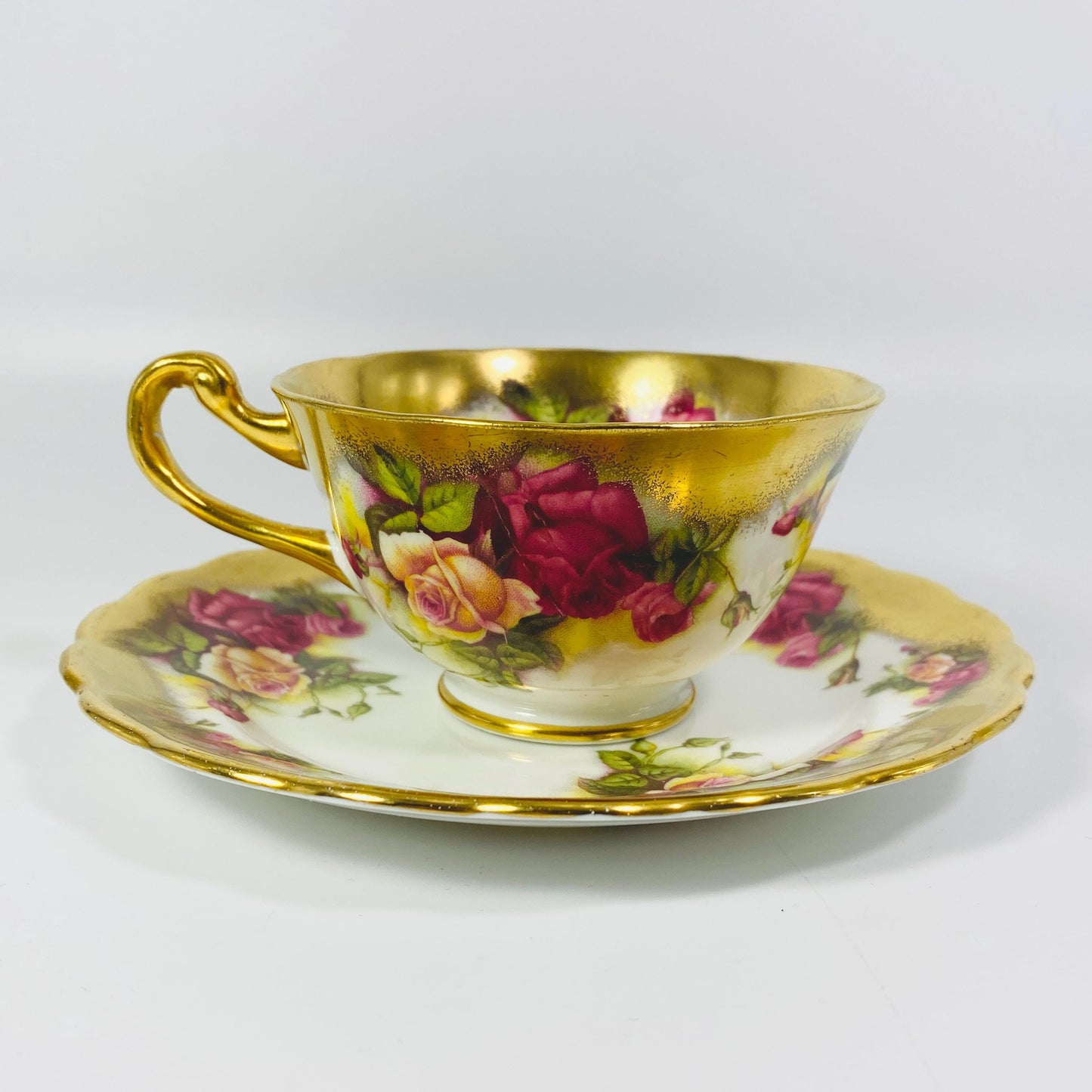 VTG Royal Chelsea Bone China Golden Rose Tea Cup Saucer Heavy Brushed Gold Trim