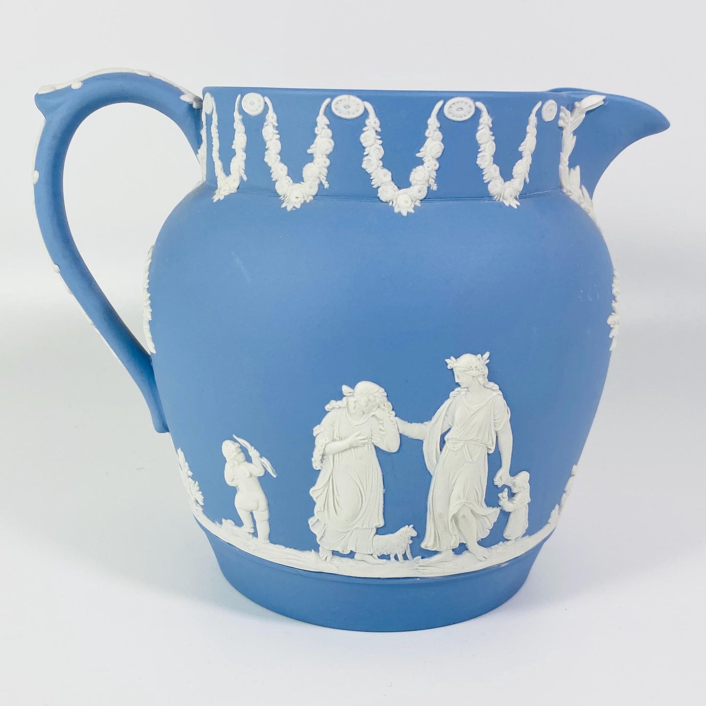 Vintage Wedgwood Jasperware Pitcher Creamer Jug Garland Trim 5” Blue 1959