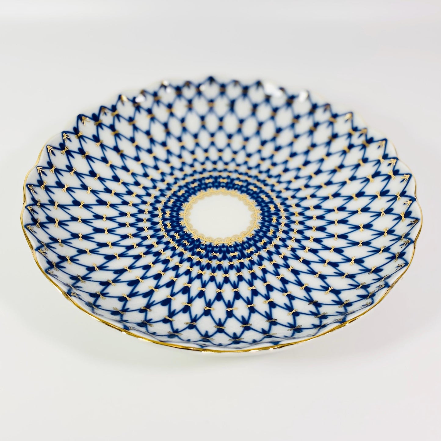RARE !! Vintage Lomonosov COBALT Blue net round Biscuit Cookie Fruit Candy BOWL 8 1/2”