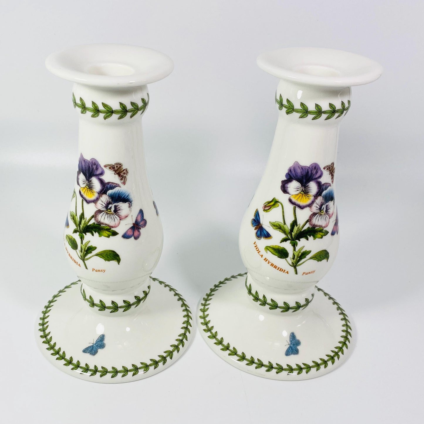 2 Ceramic Portmeirion Botanic Garden Viola Hybrida 7.5" Taper Candlesticks