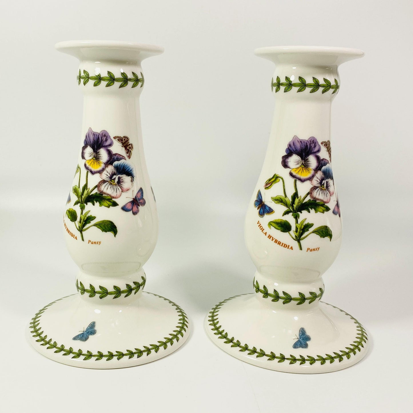 2 Ceramic Portmeirion Botanic Garden Viola Hybrida 7.5" Taper Candlesticks