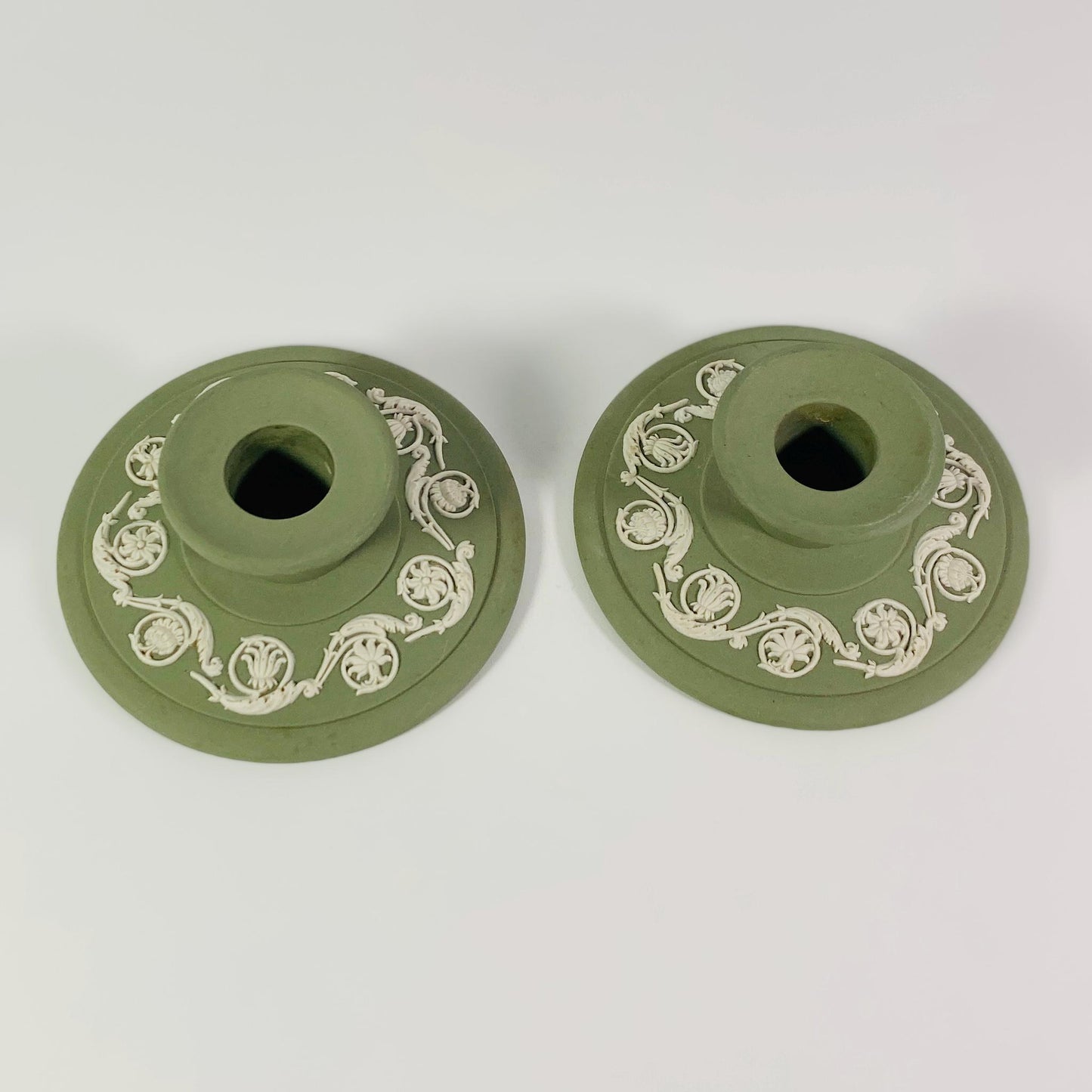 Wedgwood Jasperware Set Of Two Celadon Green Candle Holders