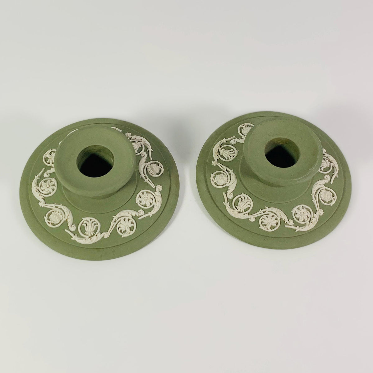Wedgwood Jasperware Set Of Two Celadon Green Candle Holders