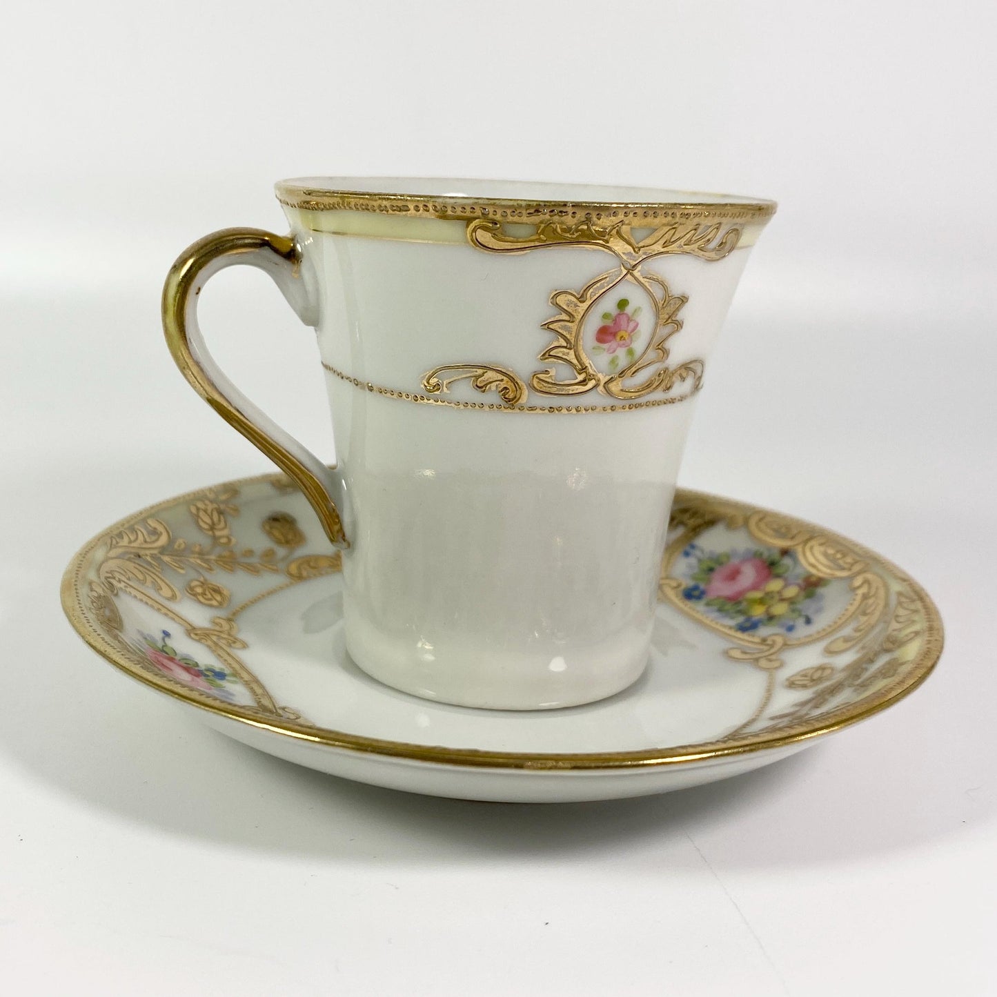 Antique set of 2 Gold encrusted hand painted cup and saucer shamrock back stamp