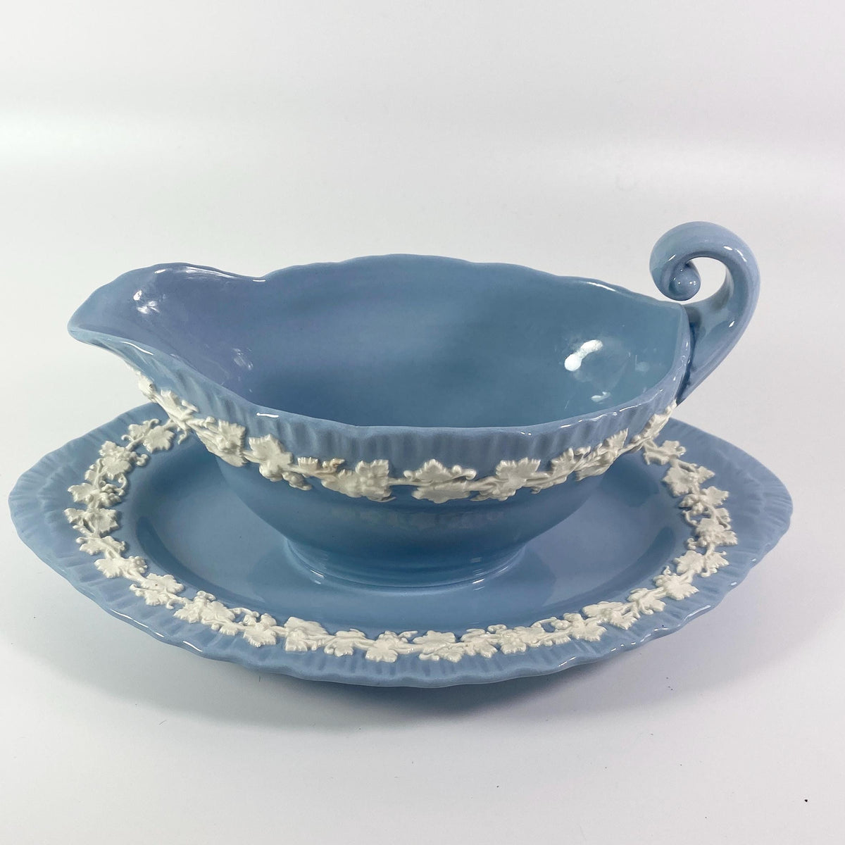 Wedgwood Queensware Cream on Lavender Shell Edge Gravy Boat &Attached Underplate